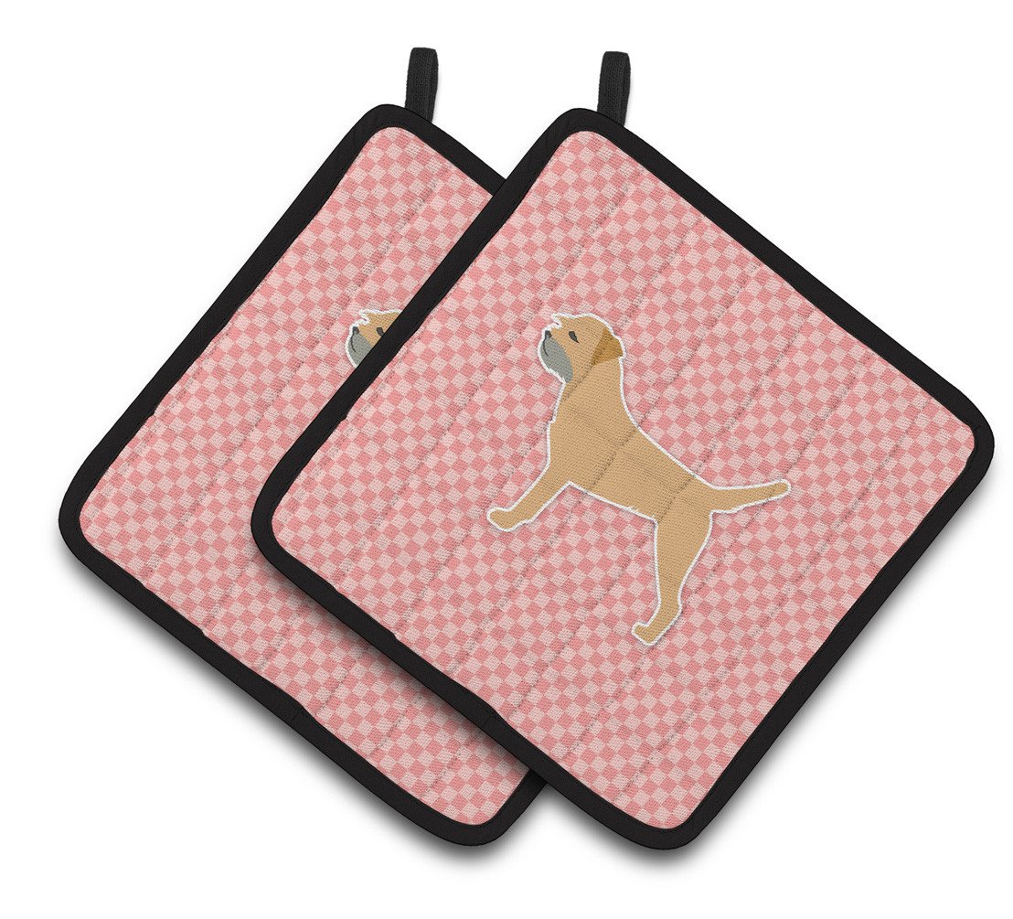 Border Terrier Checkerboard Pink Pair of Pot Holders BB3589PTHD by Caroline&#39;s Treasures