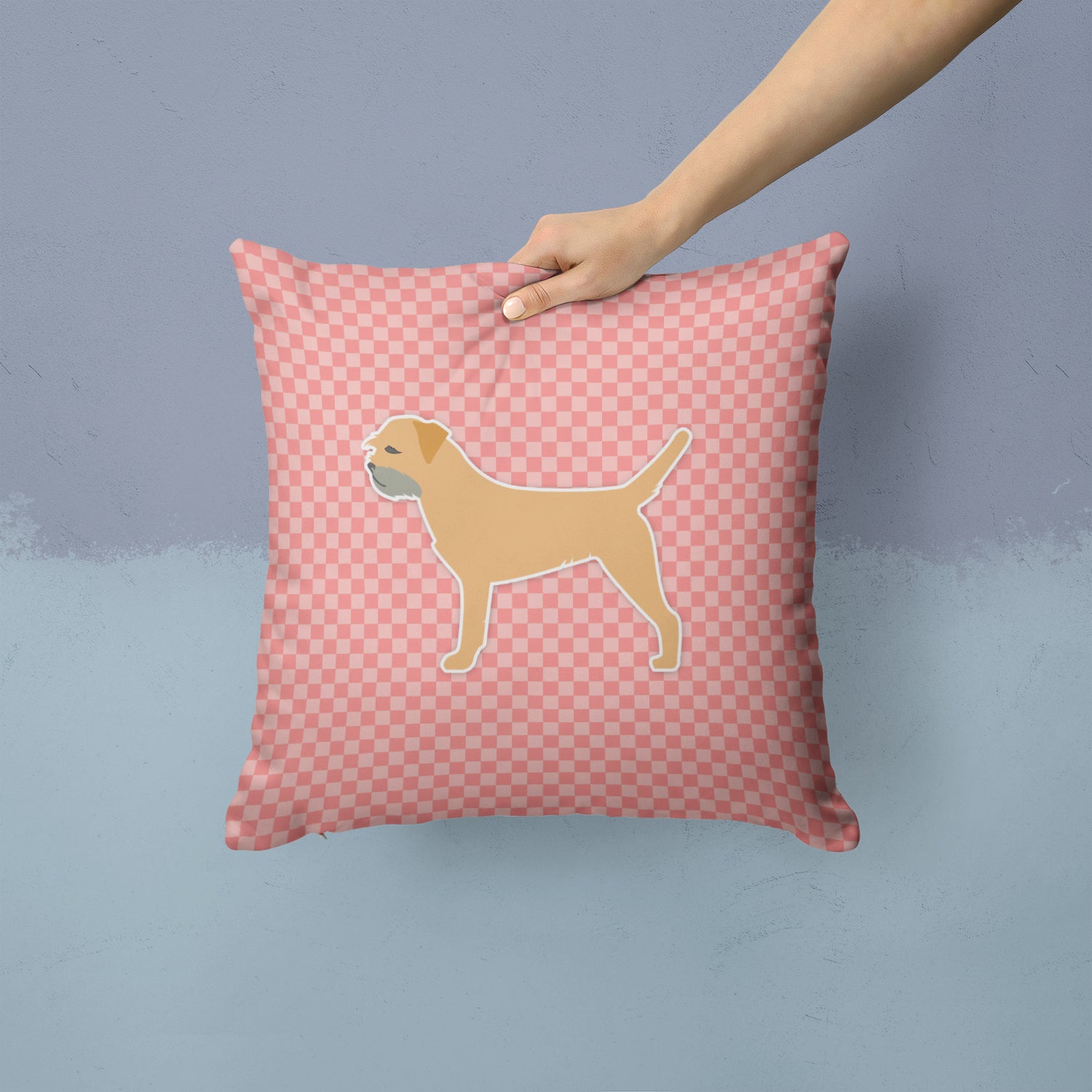 Border Terrier Checkerboard Pink Fabric Decorative Pillow BB3589PW1414 - the-store.com