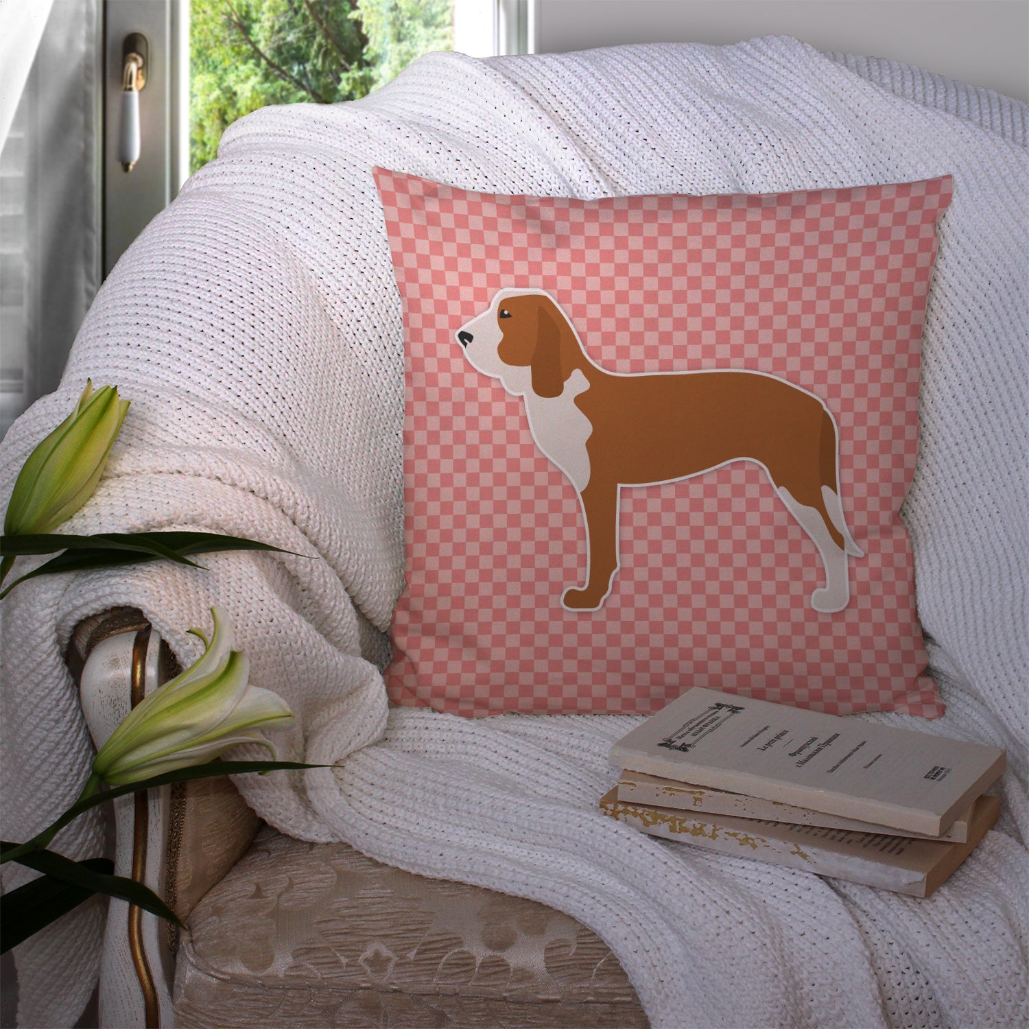 Spanish Hound Checkerboard Pink Fabric Decorative Pillow BB3591PW1414 - the-store.com