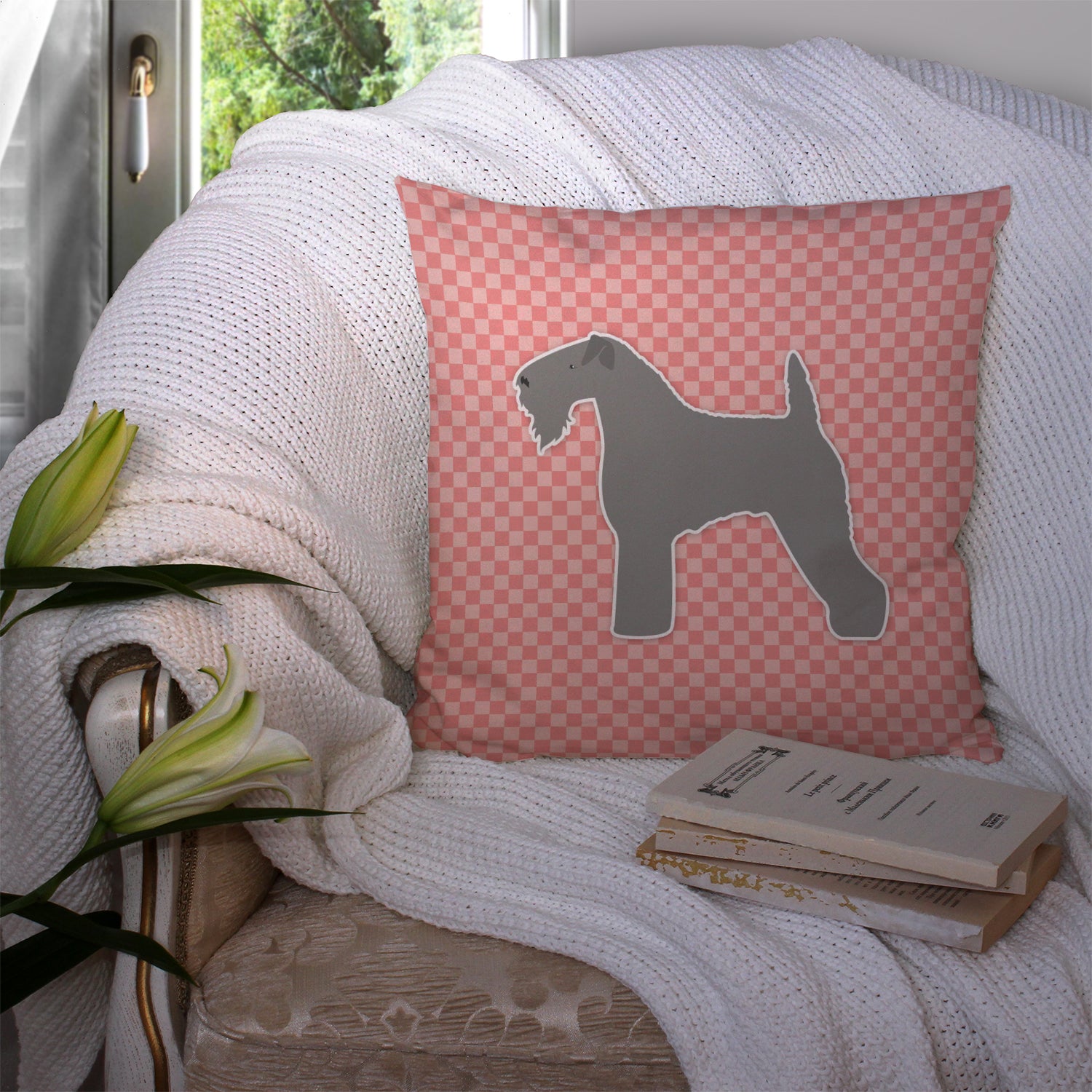 Kerry Blue Terrier Checkerboard Pink Fabric Decorative Pillow BB3592PW1414 - the-store.com