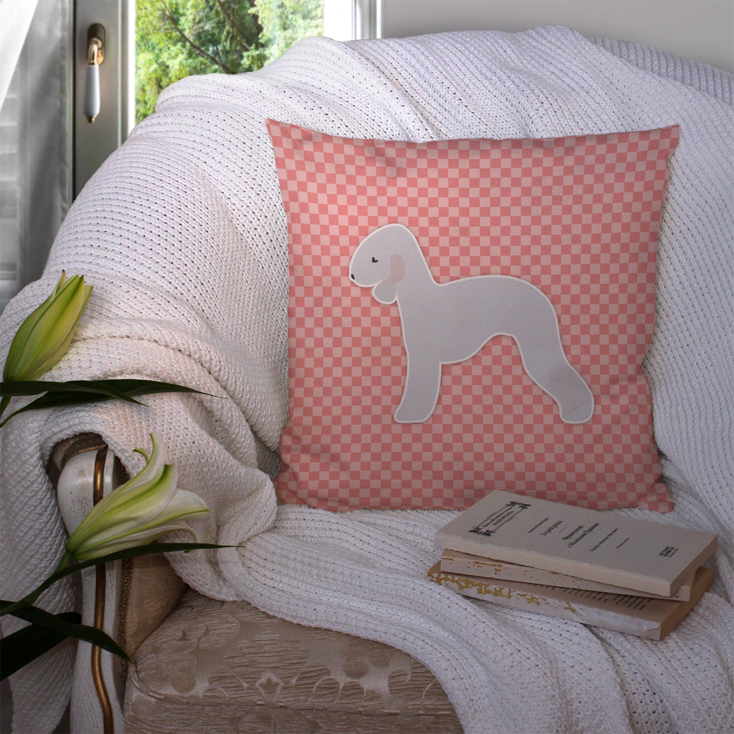 Bedlington Terrier Checkerboard Pink Fabric Decorative Pillow BB3594PW1414 - the-store.com