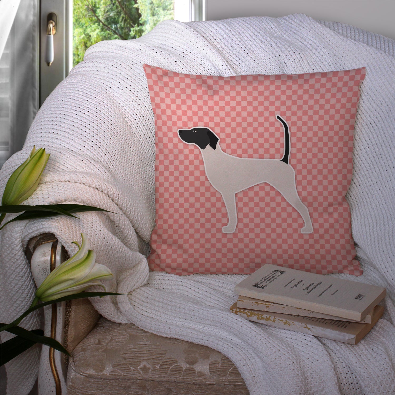 English Pointer Checkerboard Pink Fabric Decorative Pillow BB3595PW1414 - the-store.com