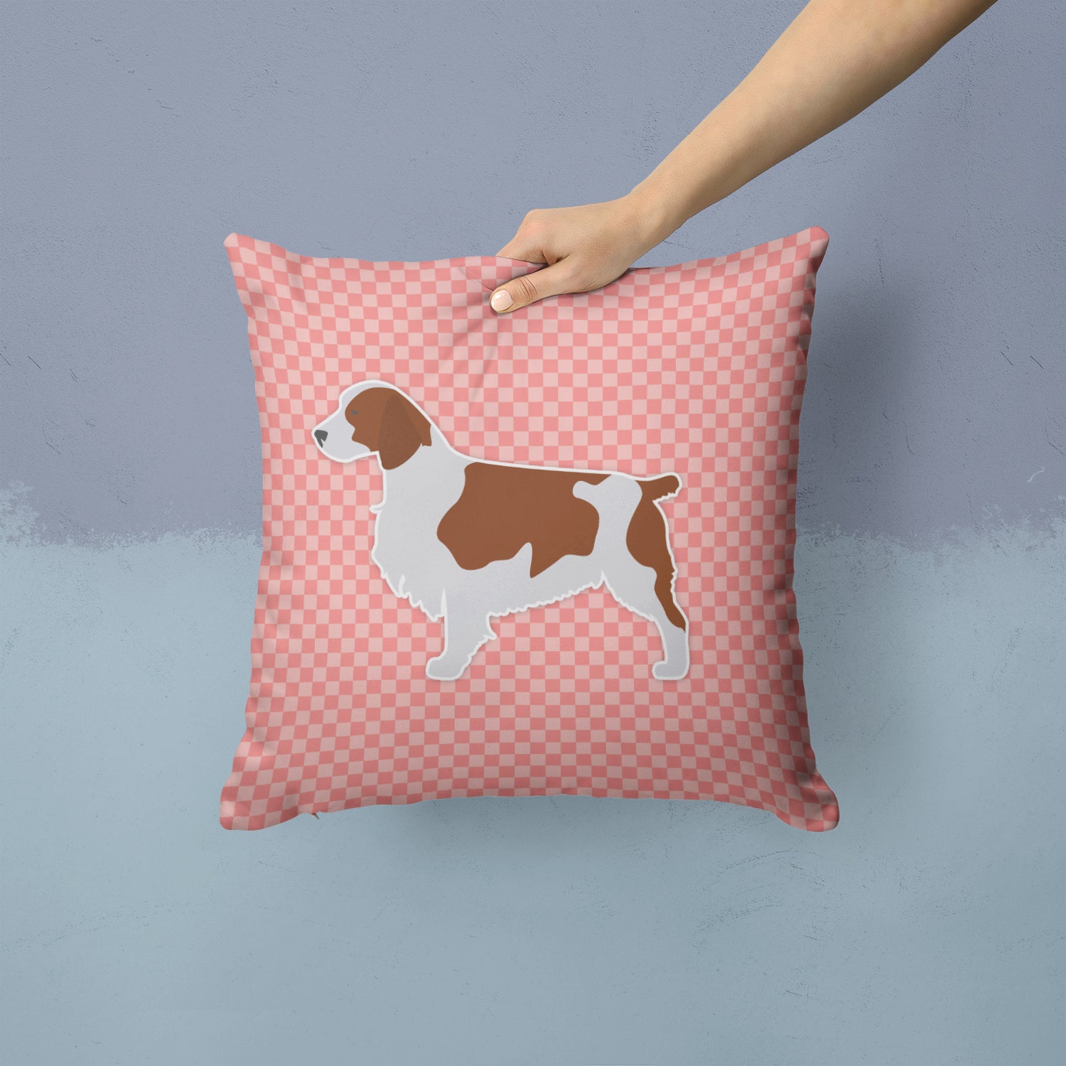 Welsh Springer Spaniel Checkerboard Pink Fabric Decorative Pillow BB3600PW1414 - the-store.com