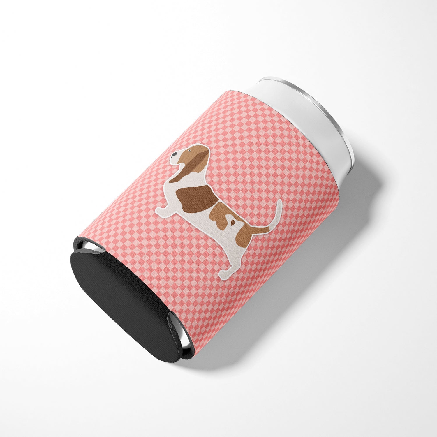 Basset Hound Checkerboard Pink Can or Bottle Hugger BB3602CC  the-store.com.