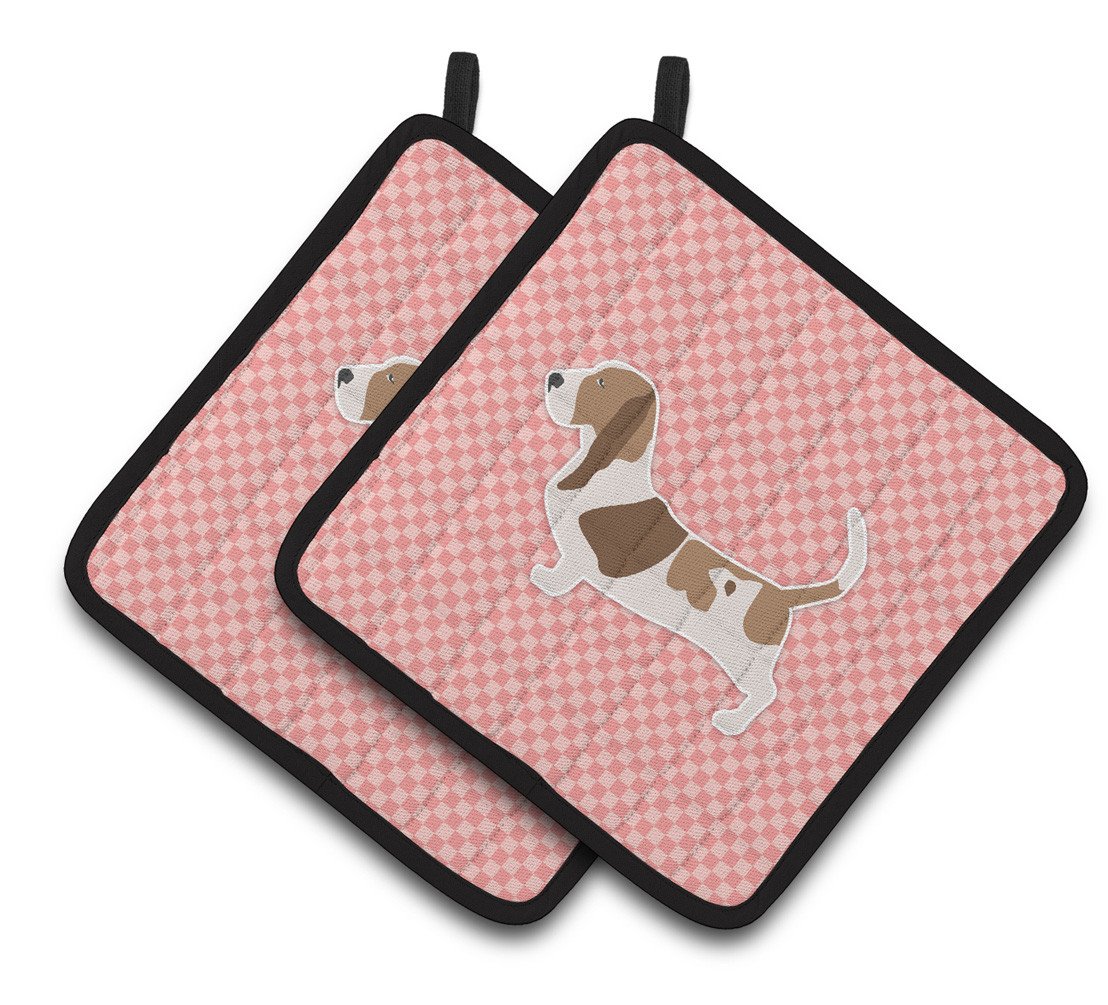 Basset Hound Checkerboard Pink Pair of Pot Holders BB3602PTHD by Caroline&#39;s Treasures