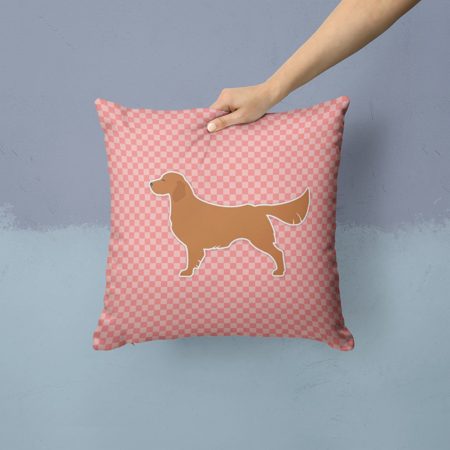 Golden Retriever Checkerboard Pink Fabric Decorative Pillow BB3604PW1414 - the-store.com