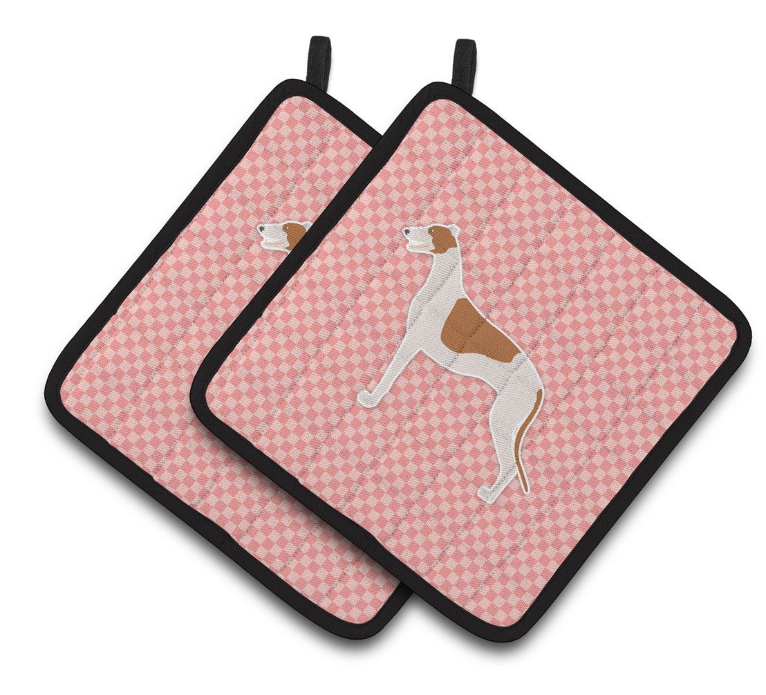 Greyhound Checkerboard Pink Pair of Pot Holders BB3605PTHD by Caroline&#39;s Treasures