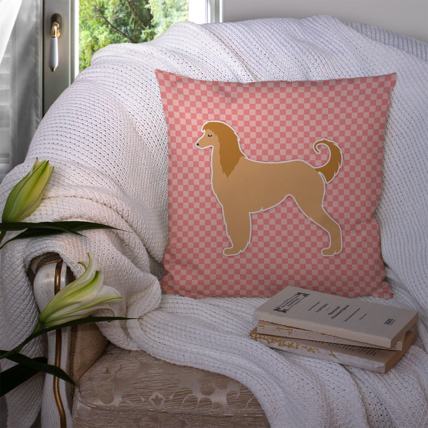 Afghan Hound Checkerboard Pink Fabric Decorative Pillow BB3606PW1414 - the-store.com