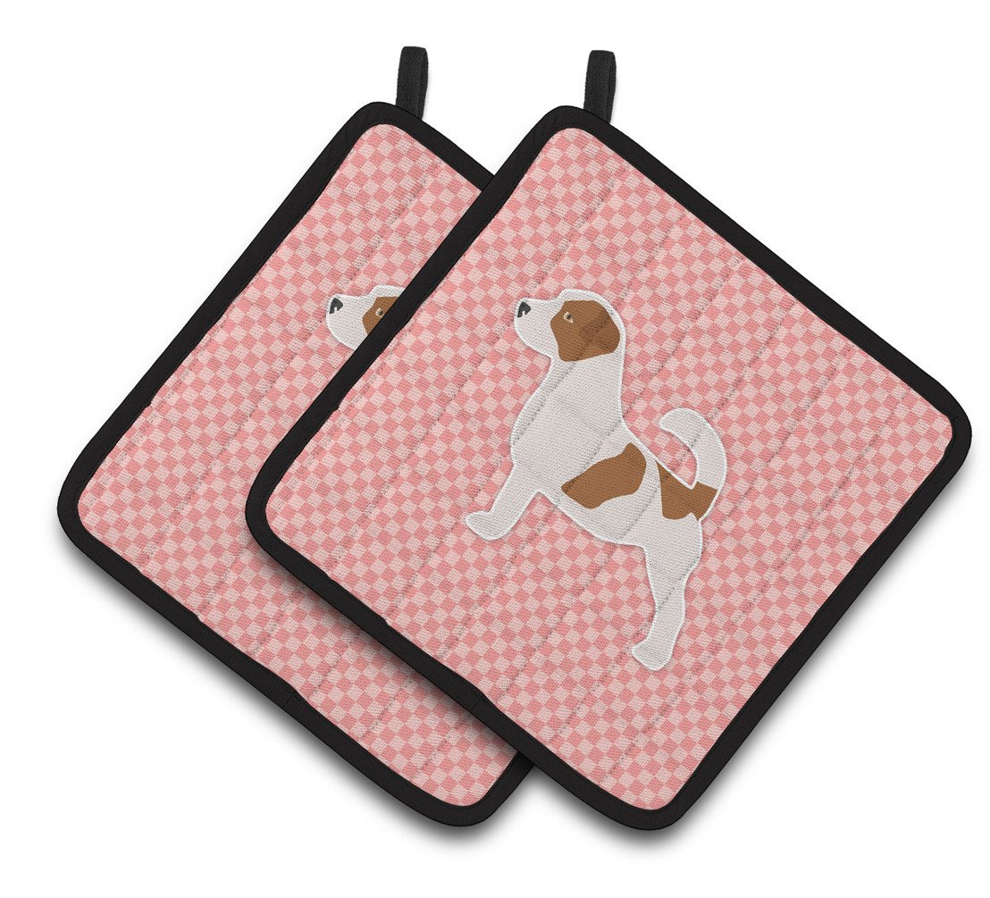 Jack Russell Terrier Checkerboard Pink Pair of Pot Holders BB3607PTHD by Caroline&#39;s Treasures