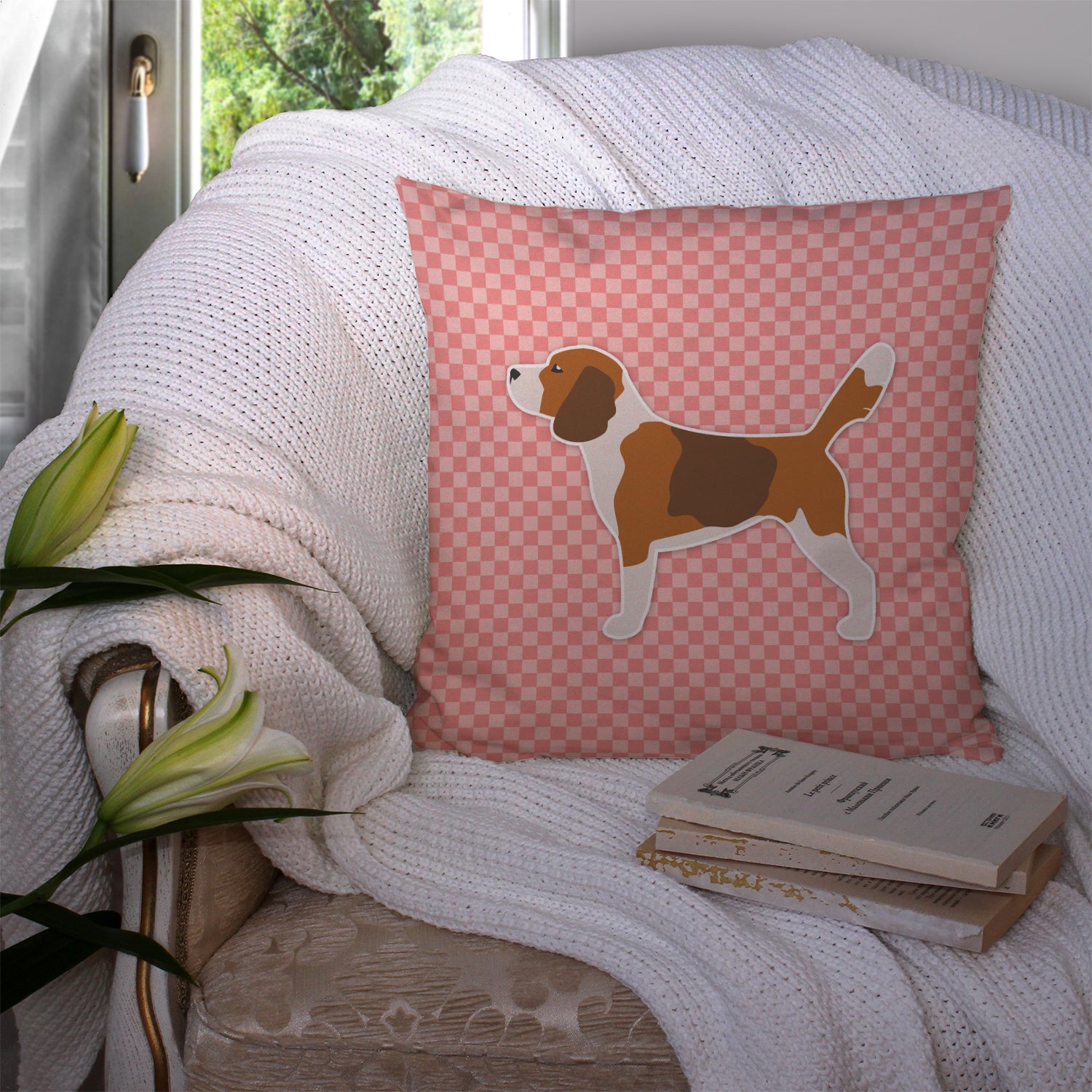 Beagle Checkerboard Pink Fabric Decorative Pillow BB3610PW1414 - the-store.com