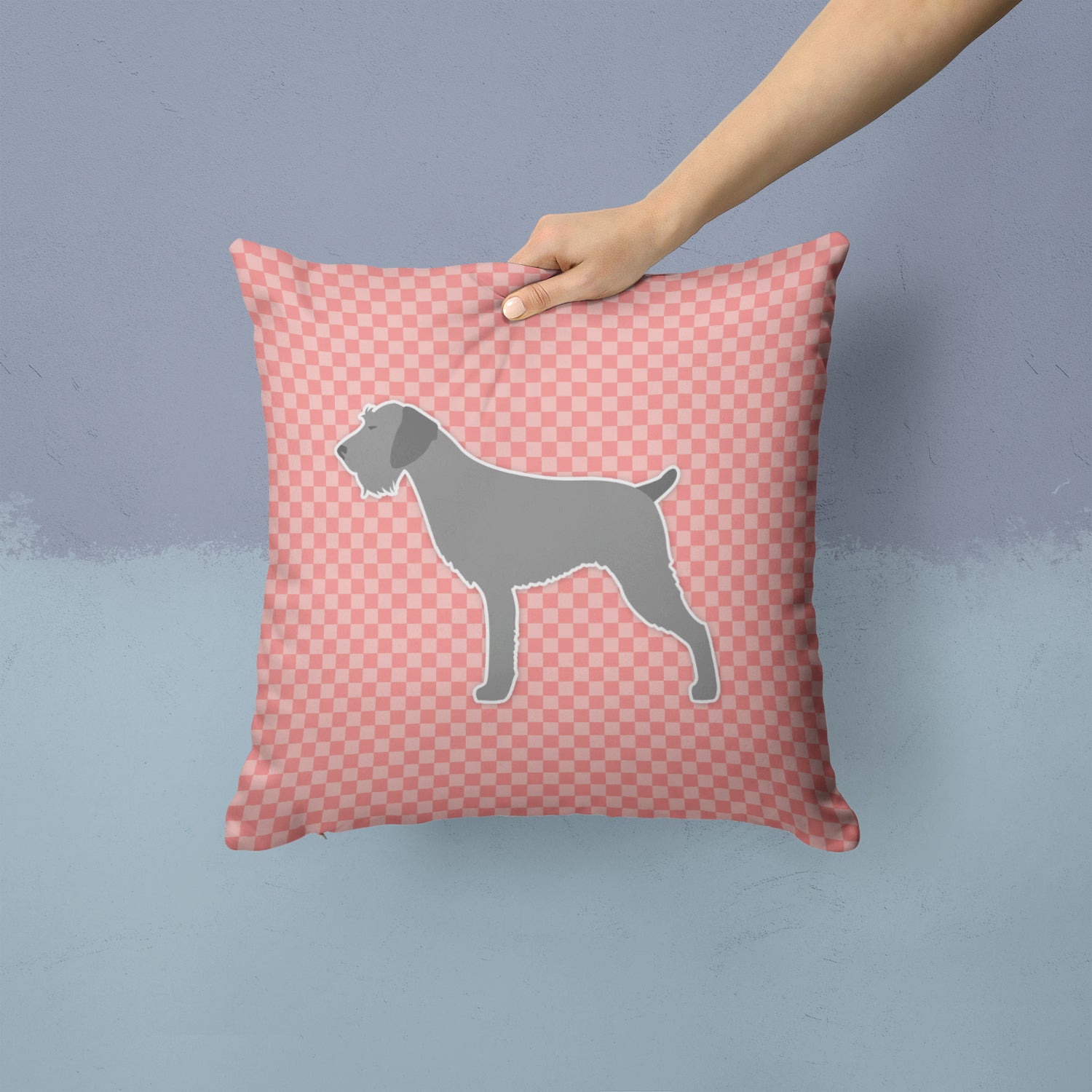 German Wirehaired Pointer Checkerboard Pink Fabric Decorative Pillow BB3611PW1414 - the-store.com