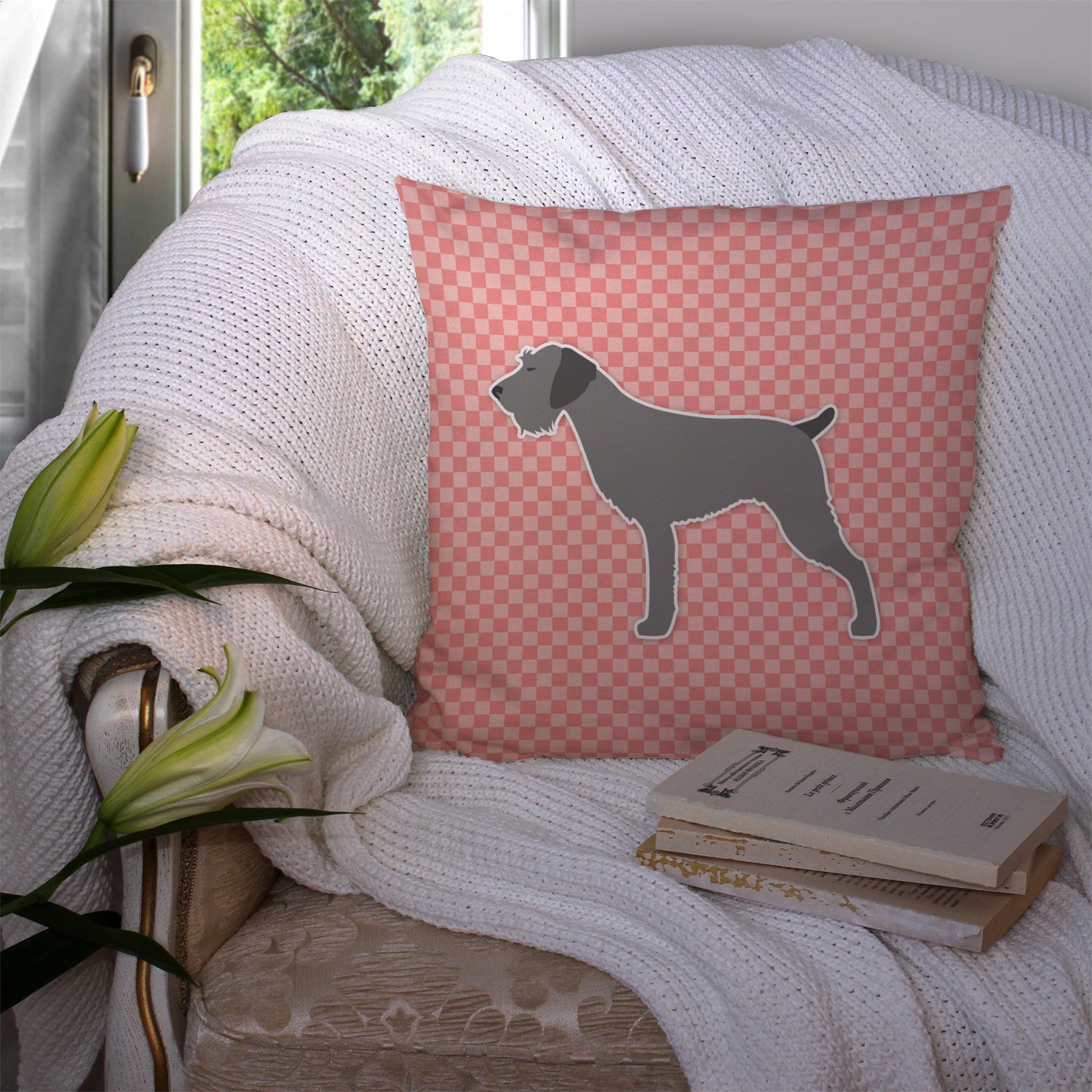 German Wirehaired Pointer Checkerboard Pink Fabric Decorative Pillow BB3611PW1414 - the-store.com