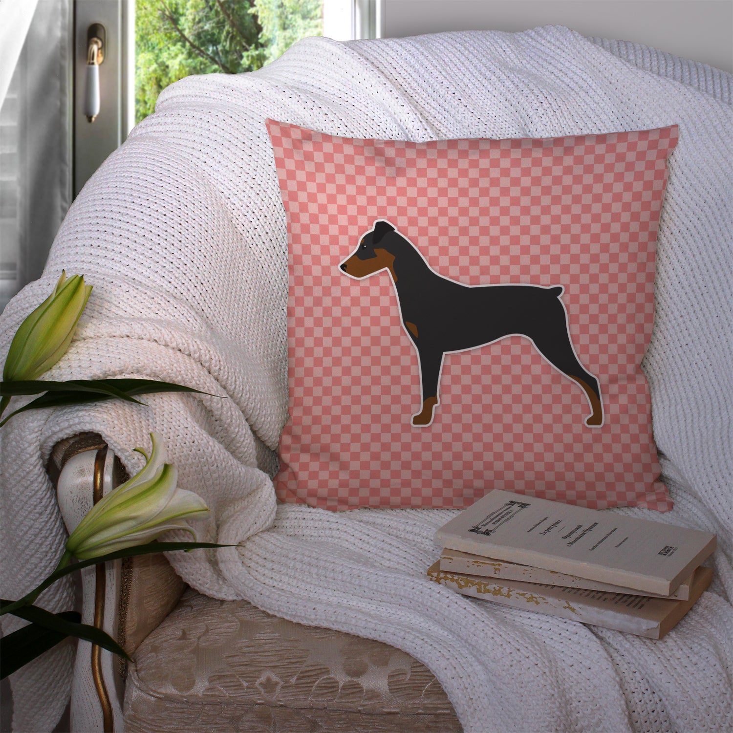 German Pinscher Checkerboard Pink Fabric Decorative Pillow BB3613PW1414 - the-store.com