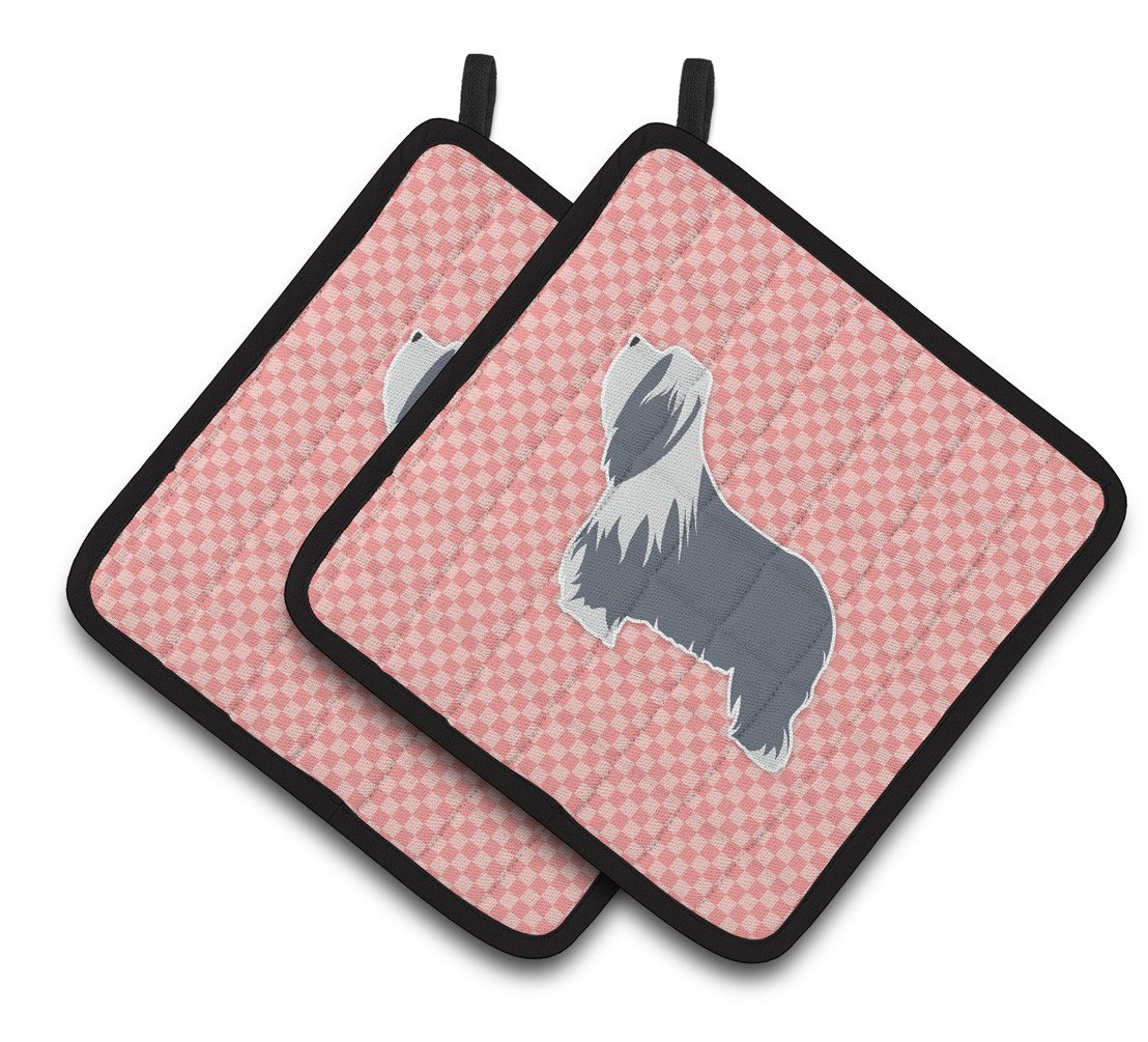 Bearded Collie Checkerboard Pink Pair of Pot Holders BB3617PTHD by Caroline&#39;s Treasures