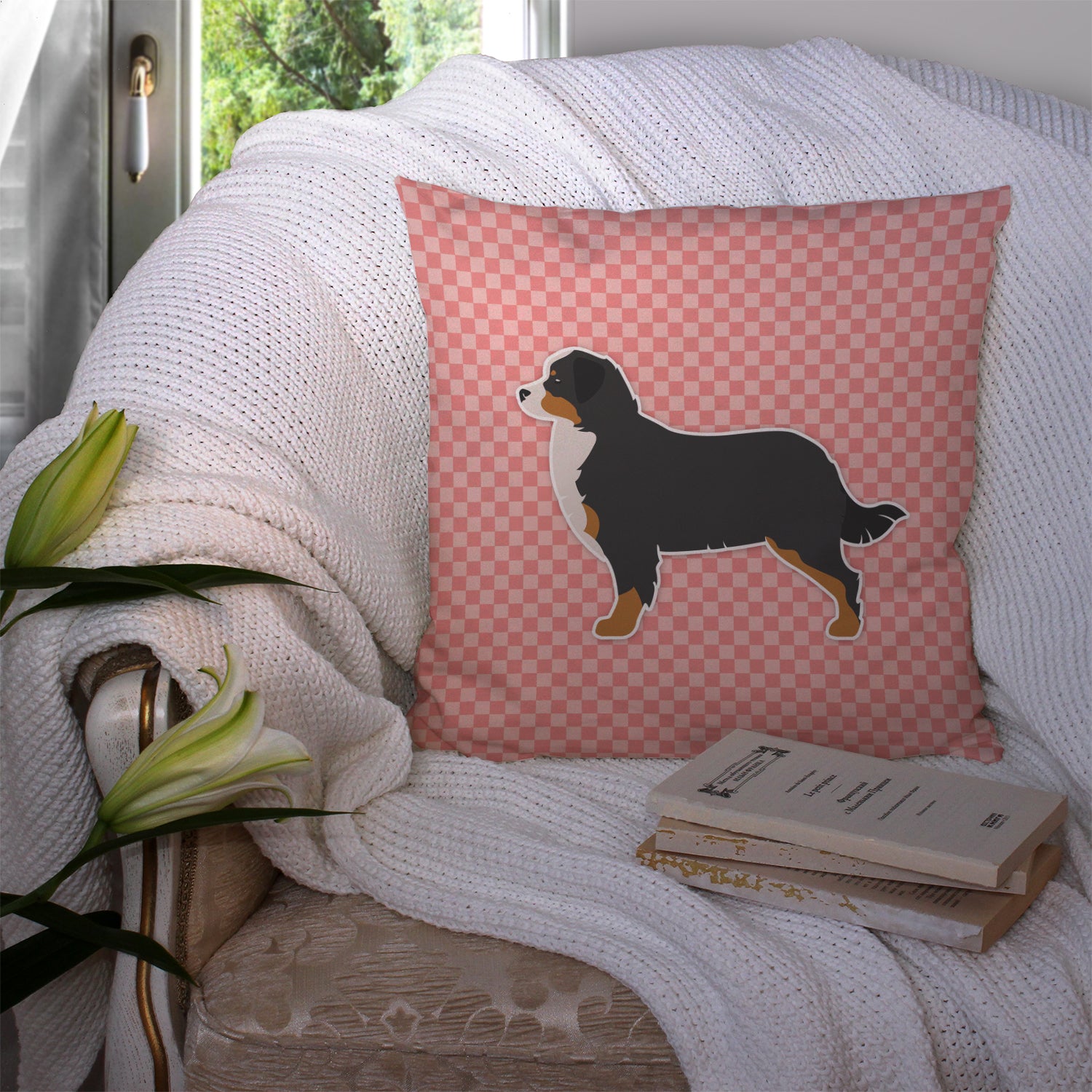 Bernese Mountain Dog Checkerboard Pink Fabric Decorative Pillow BB3619PW1414 - the-store.com