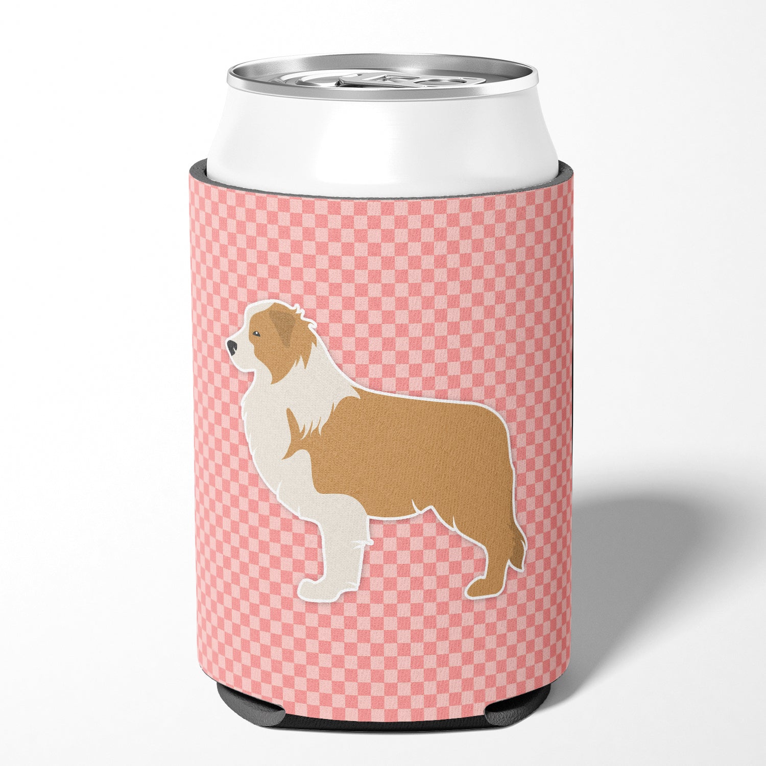 Red Border Collie Checkerboard Pink Can or Bottle Hugger BB3622CC  the-store.com.
