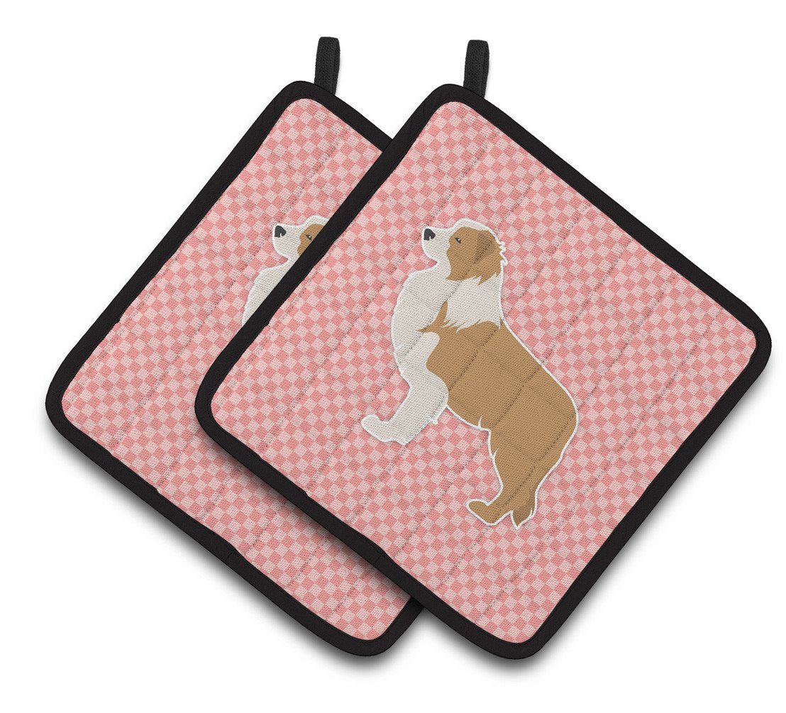 Red Border Collie Checkerboard Pink Pair of Pot Holders BB3622PTHD by Caroline&#39;s Treasures