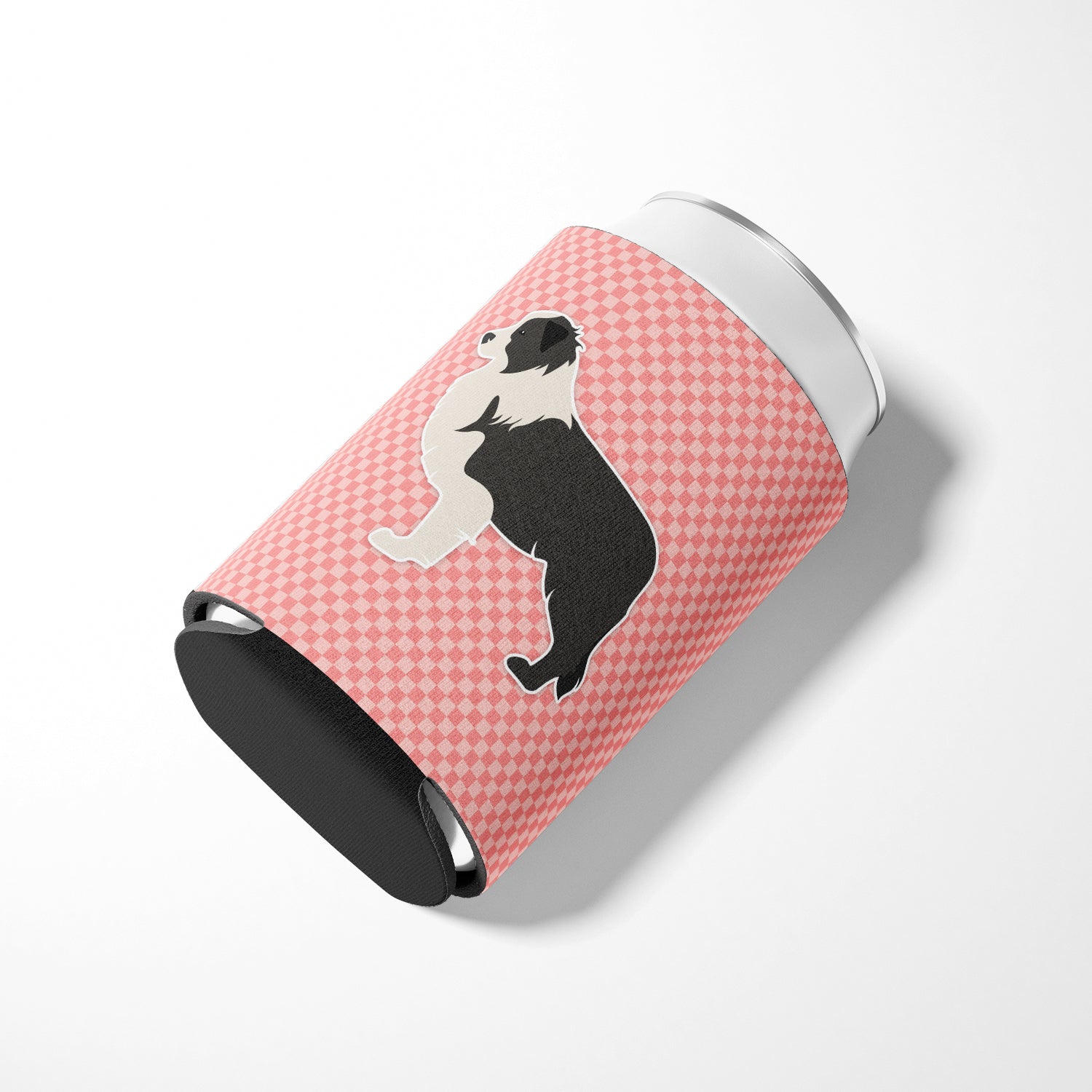 Black Border Collie Checkerboard Pink Can or Bottle Hugger BB3623CC