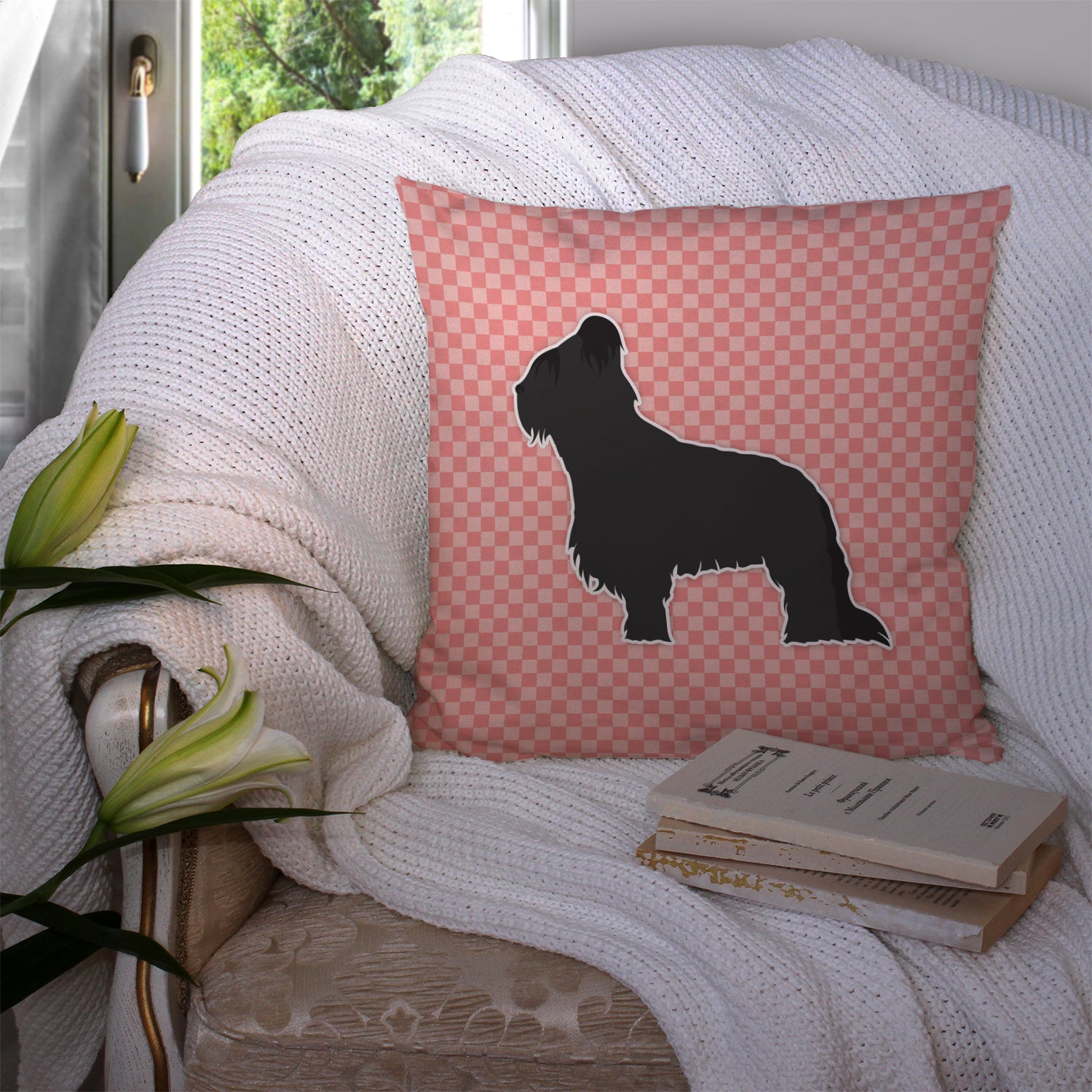 Briard Checkerboard Pink Fabric Decorative Pillow BB3626PW1414 - the-store.com