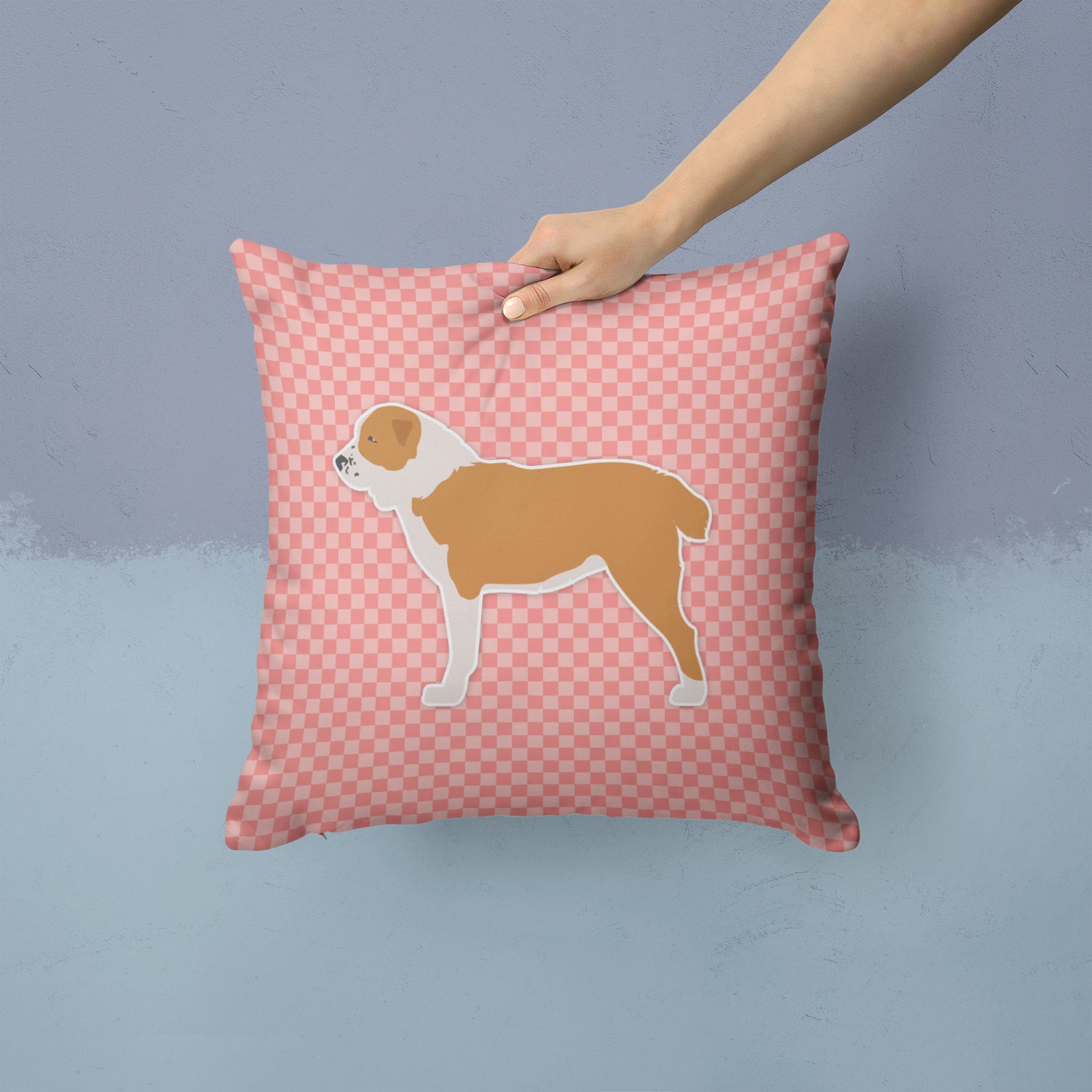 Central Asian Shepherd Dog Checkerboard Pink Fabric Decorative Pillow BB3628PW1414 - the-store.com