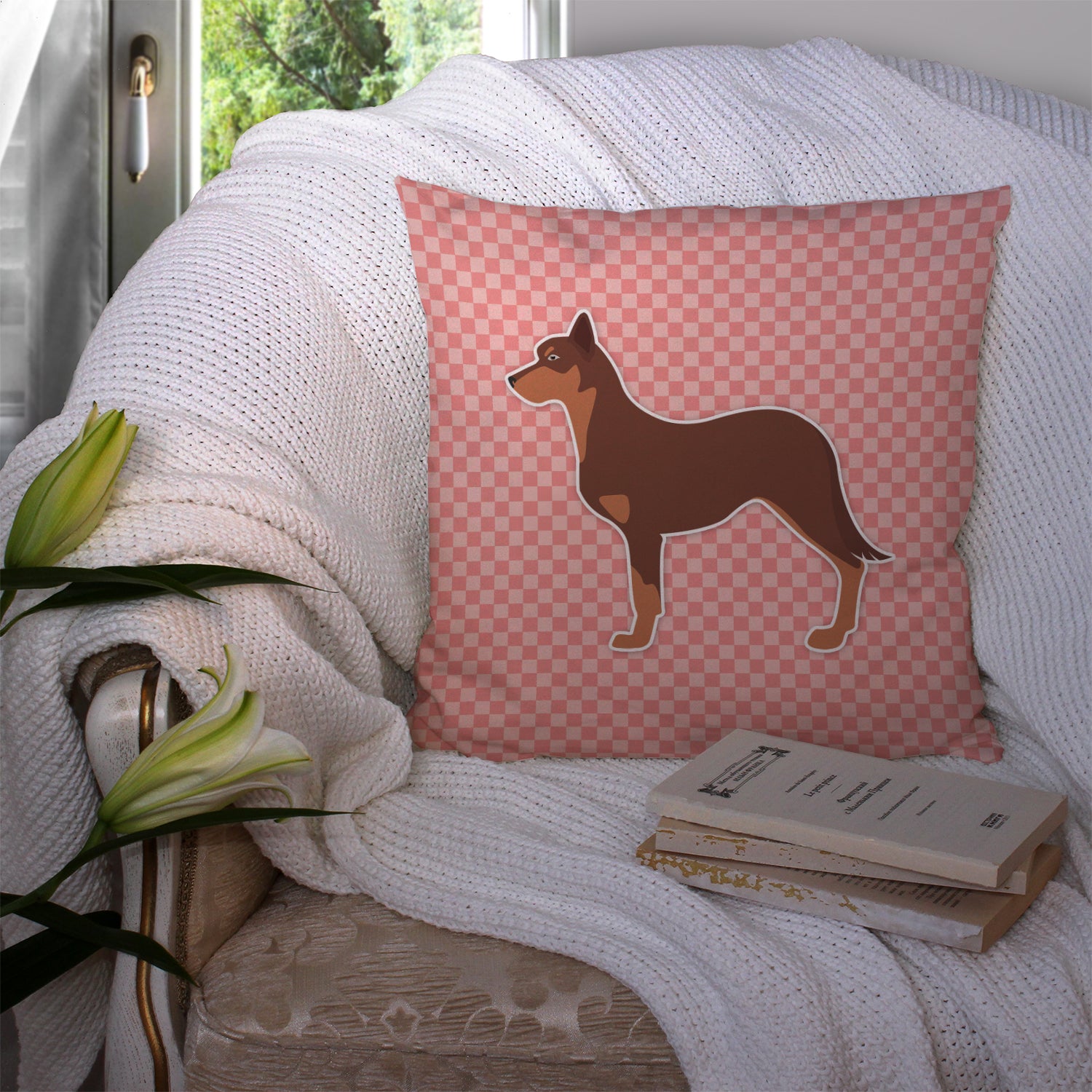 Australian Kelpie Dog Checkerboard Pink Fabric Decorative Pillow BB3629PW1414 - the-store.com