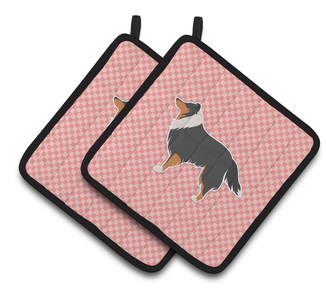 Sheltie/Shetland Sheepdog Checkerboard Pink Pair of Pot Holders BB3630PTHD by Caroline&#39;s Treasures