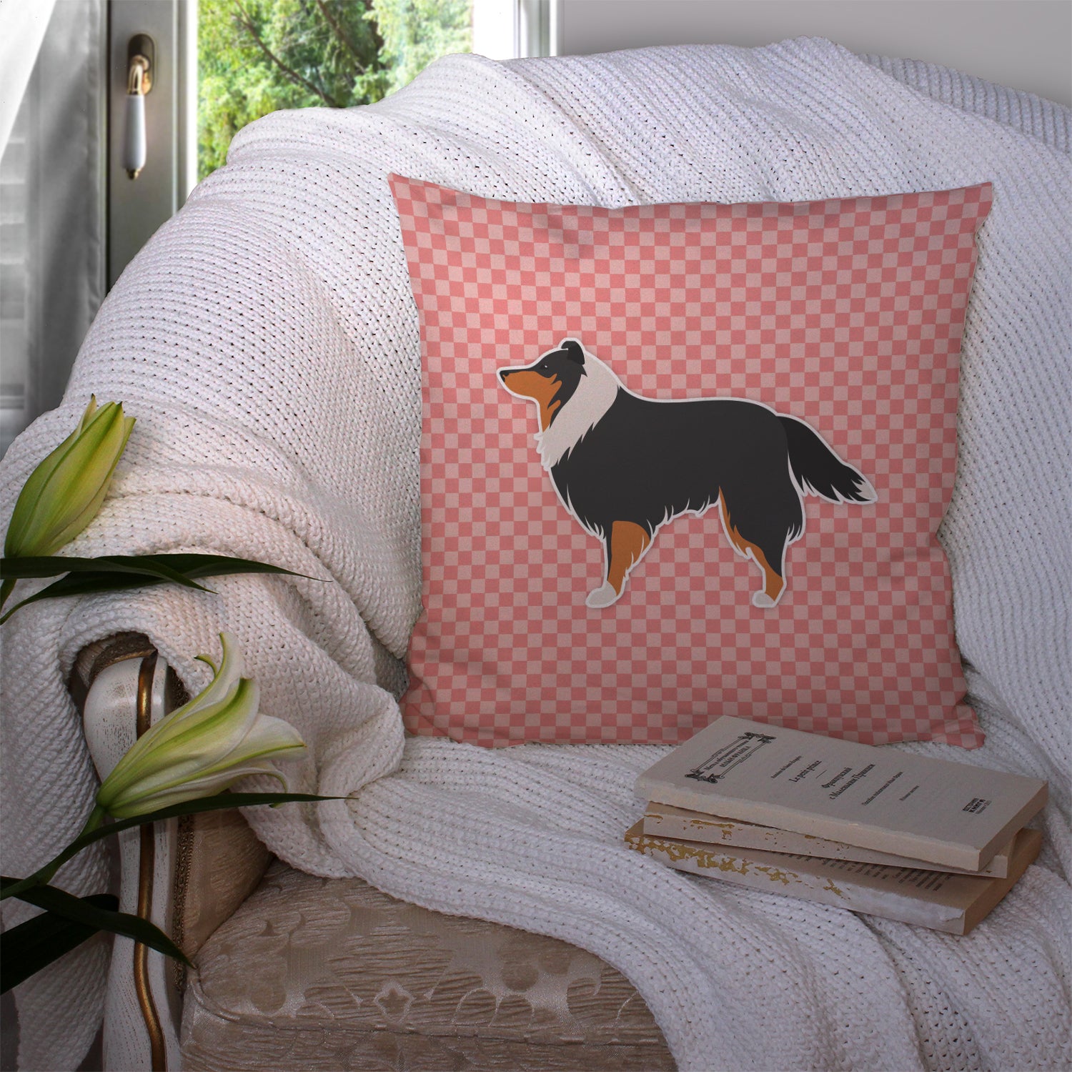 Sheltie/Shetland Sheepdog Checkerboard Pink Fabric Decorative Pillow BB3630PW1414 - the-store.com