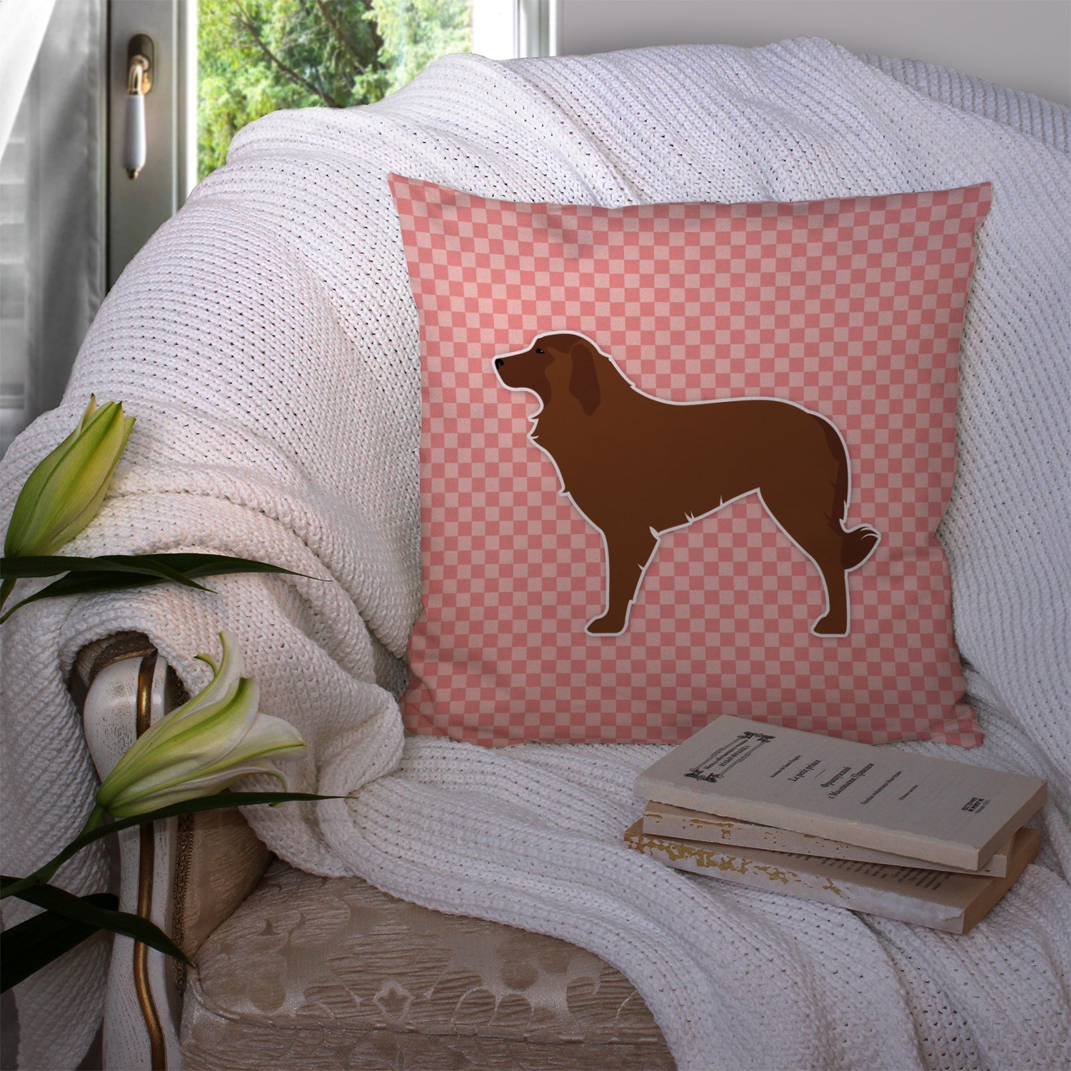 Portuguese Sheepdog Dog Checkerboard Pink Fabric Decorative Pillow BB3631PW1414 - the-store.com