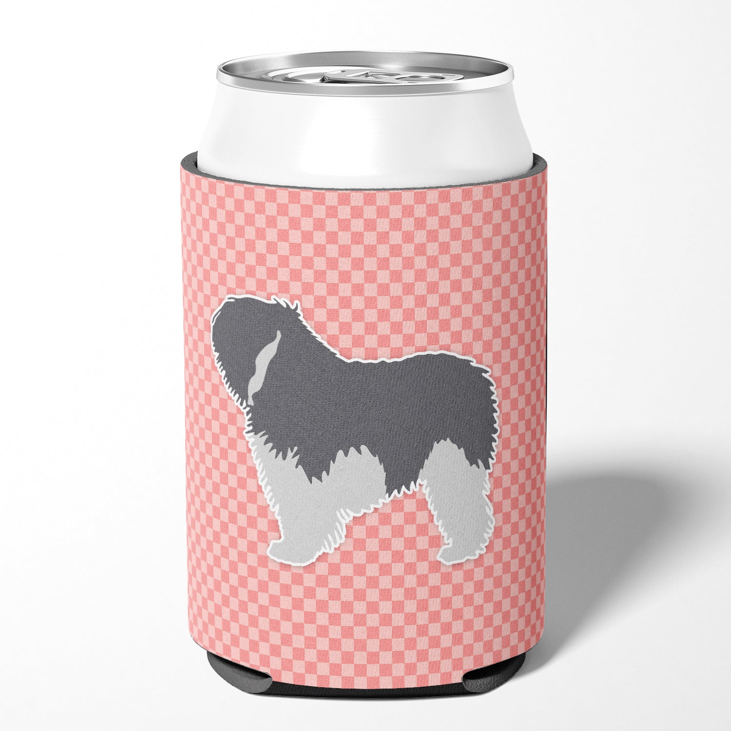 Polish Lowland Sheepdog Dog Checkerboard Pink Can or Bottle Hugger BB3632CC