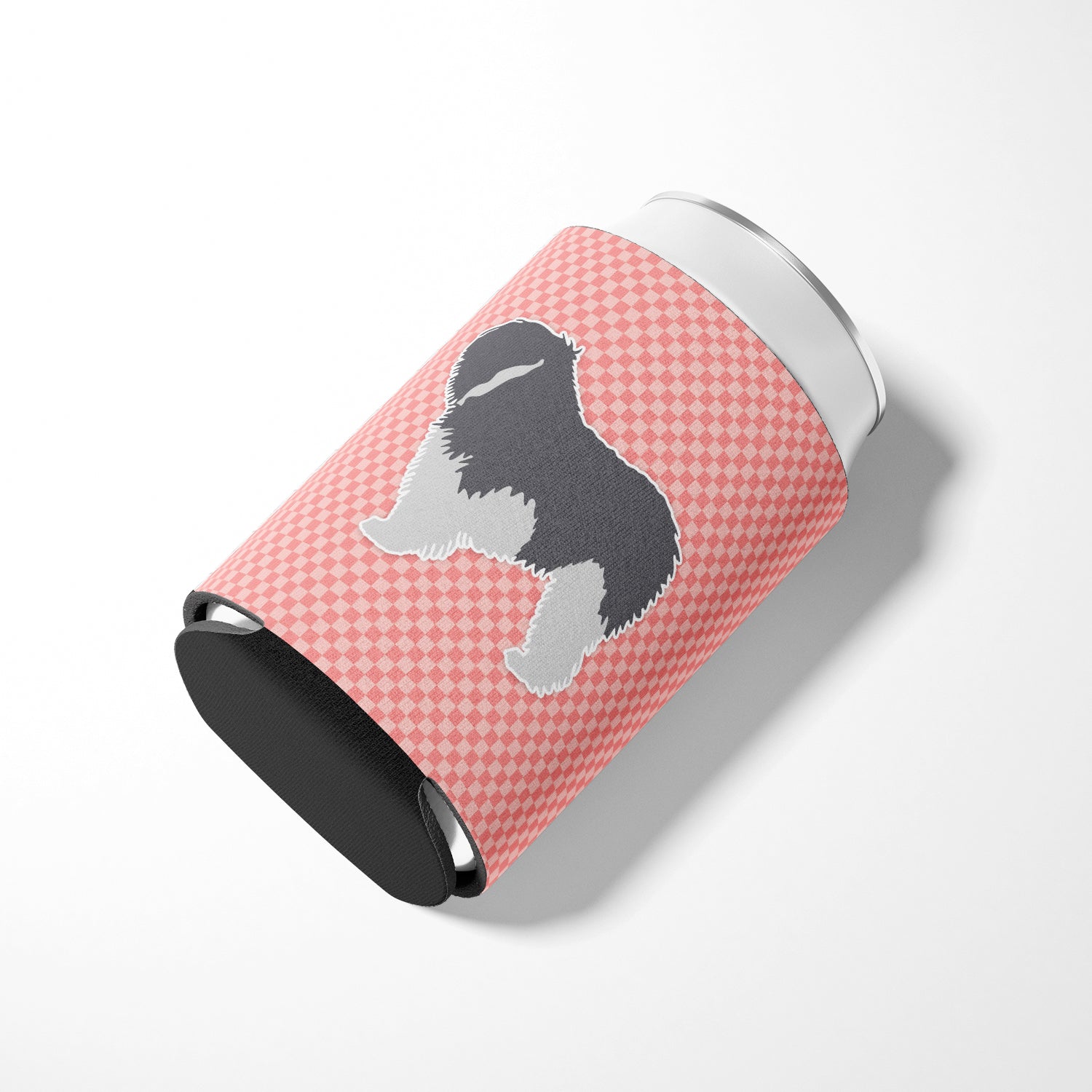 Polish Lowland Sheepdog Dog Checkerboard Pink Can or Bottle Hugger BB3632CC