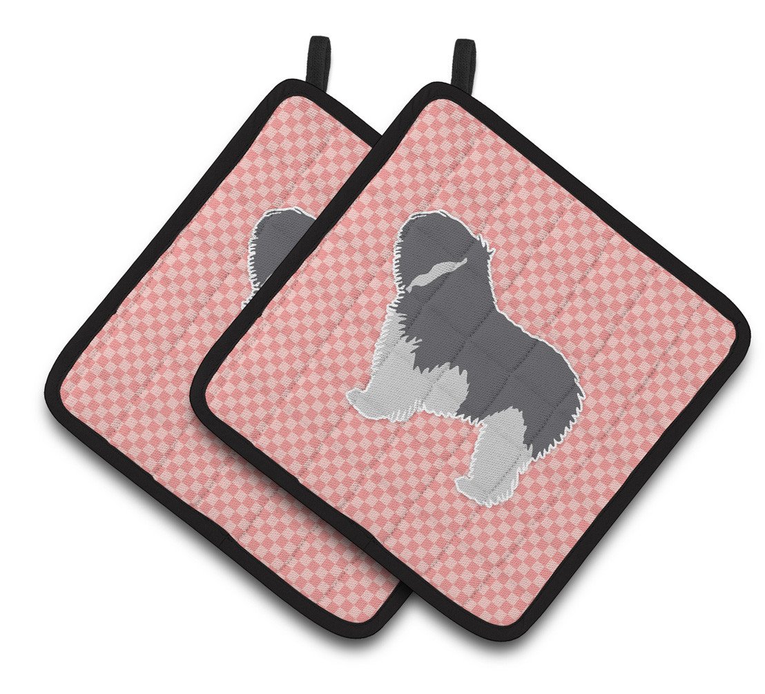 Polish Lowland Sheepdog Dog Checkerboard Pink Pair of Pot Holders BB3632PTHD by Caroline&#39;s Treasures