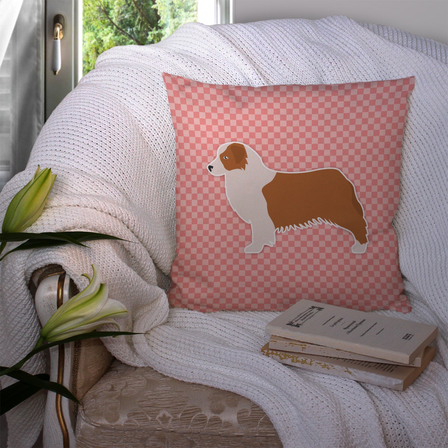 Australian Shepherd Dog Checkerboard Pink Fabric Decorative Pillow BB3633PW1414 - the-store.com