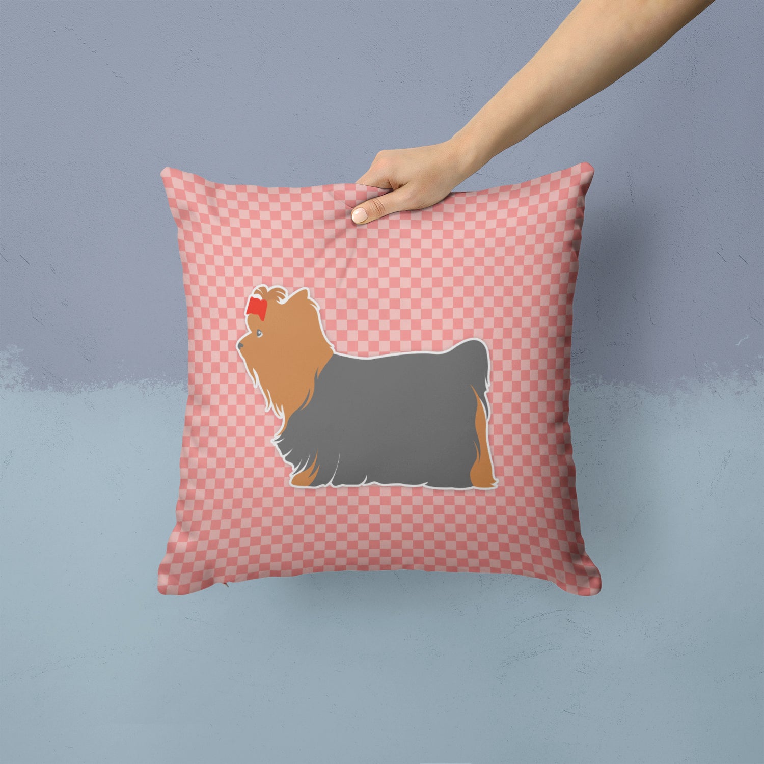 Yorkshire Terrier Yorkie Checkerboard Pink Fabric Decorative Pillow BB3634PW1414 - the-store.com