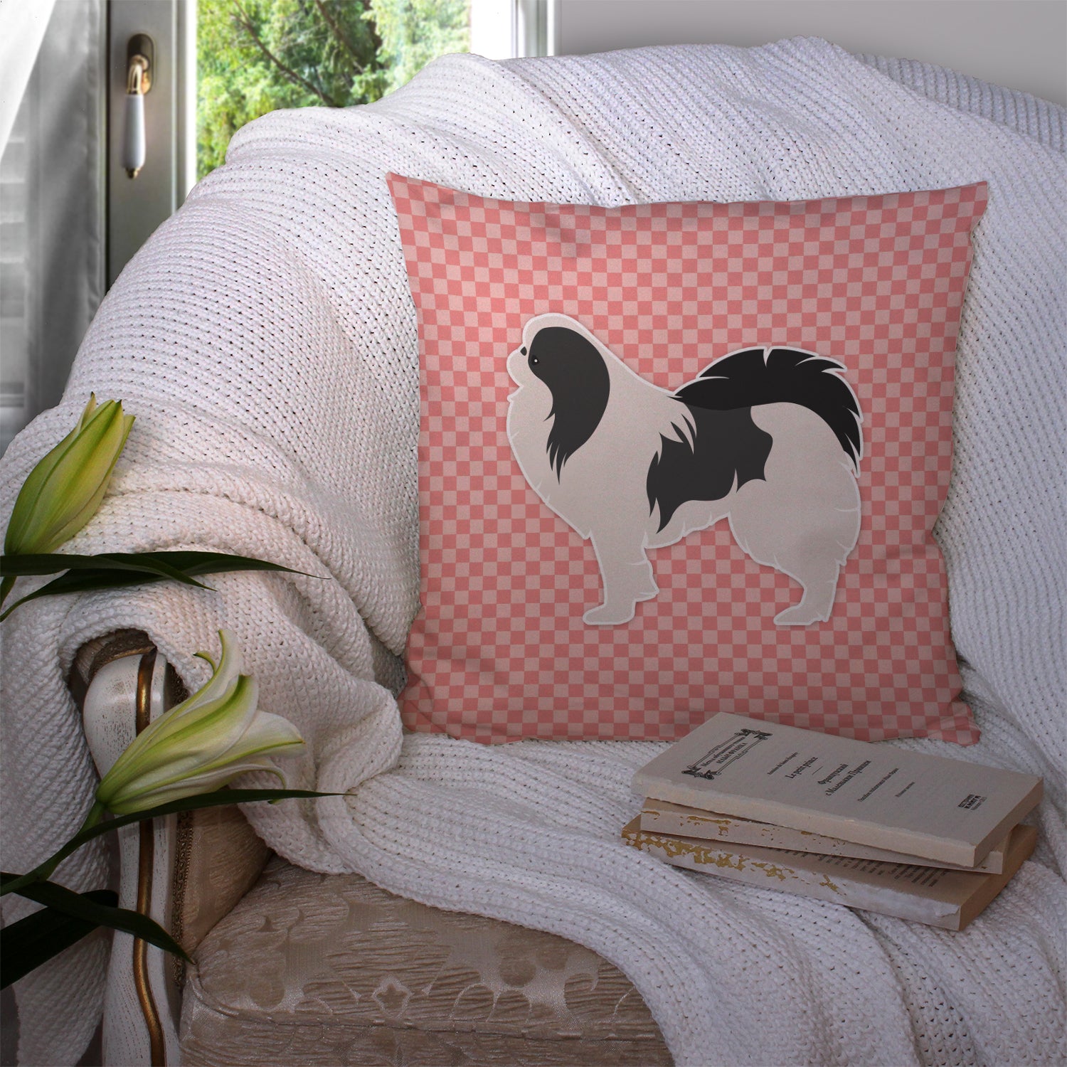 Japanese Chin Checkerboard Pink Fabric Decorative Pillow BB3637PW1414 - the-store.com