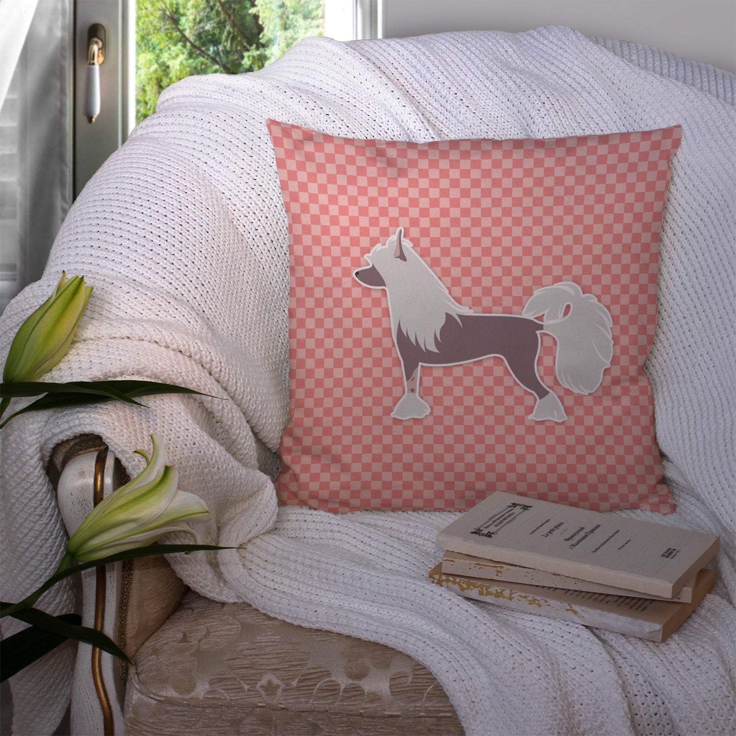 Chinese Crested Checkerboard Pink Fabric Decorative Pillow BB3643PW1414 - the-store.com