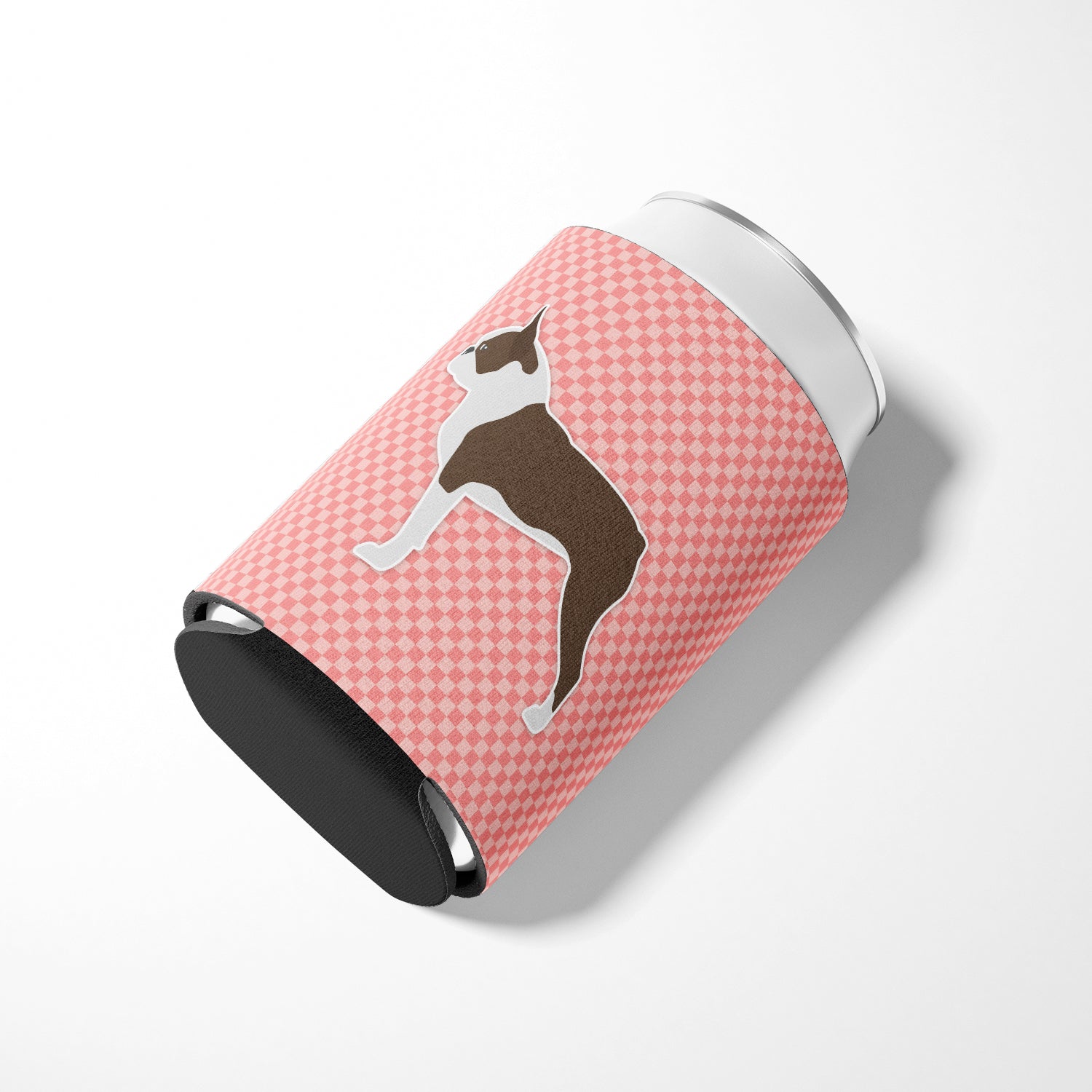 Boston Terrier Checkerboard Pink Can or Bottle Hugger BB3644CC