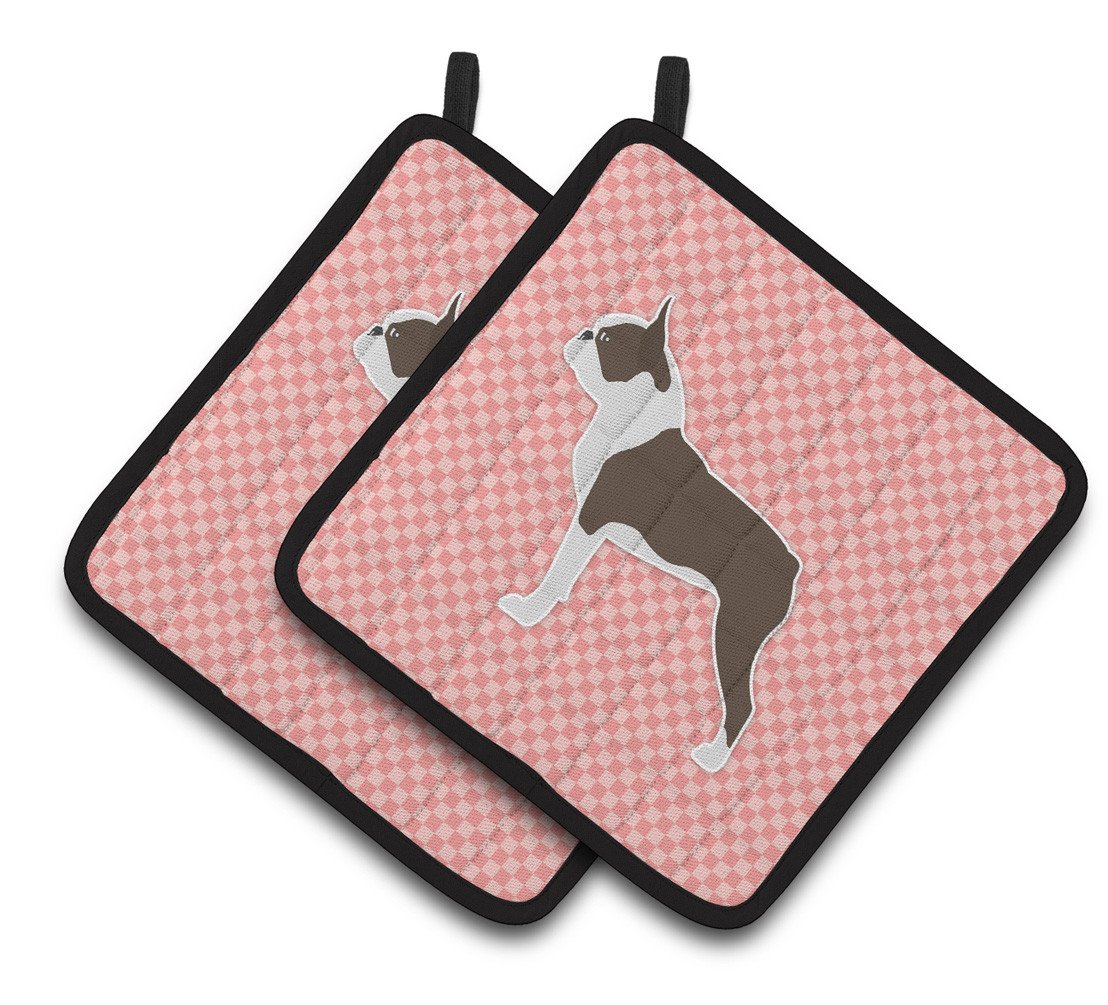 Boston Terrier Checkerboard Pink Pair of Pot Holders BB3644PTHD by Caroline&#39;s Treasures
