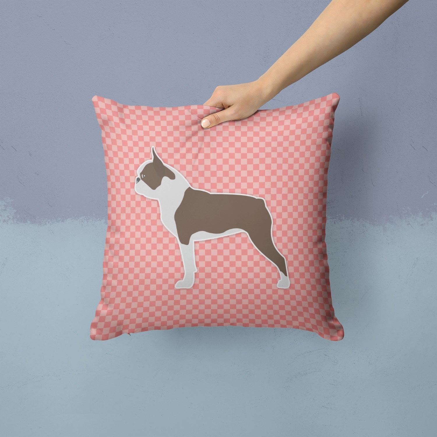 Boston Terrier Checkerboard Pink Fabric Decorative Pillow BB3644PW1414 - the-store.com
