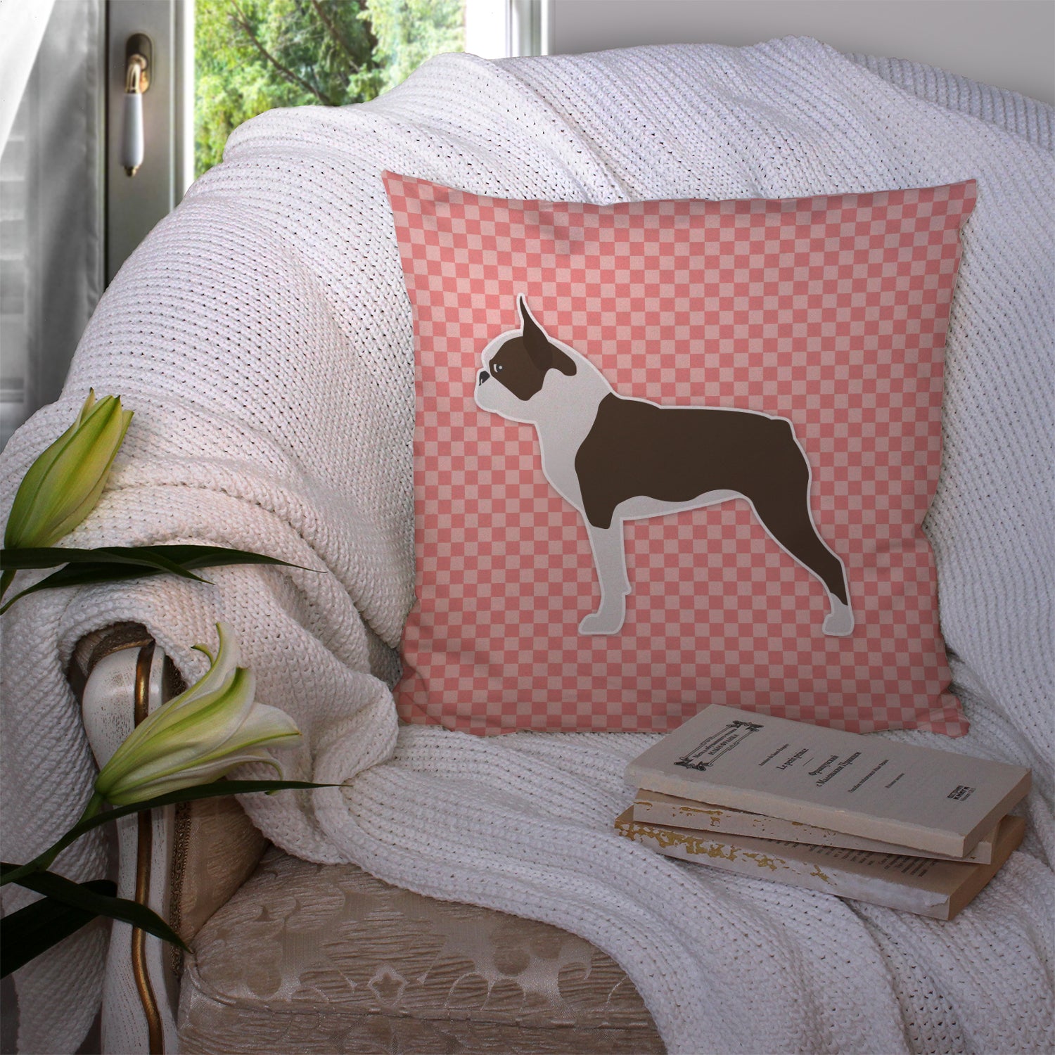 Boston Terrier Checkerboard Pink Fabric Decorative Pillow BB3644PW1414 - the-store.com