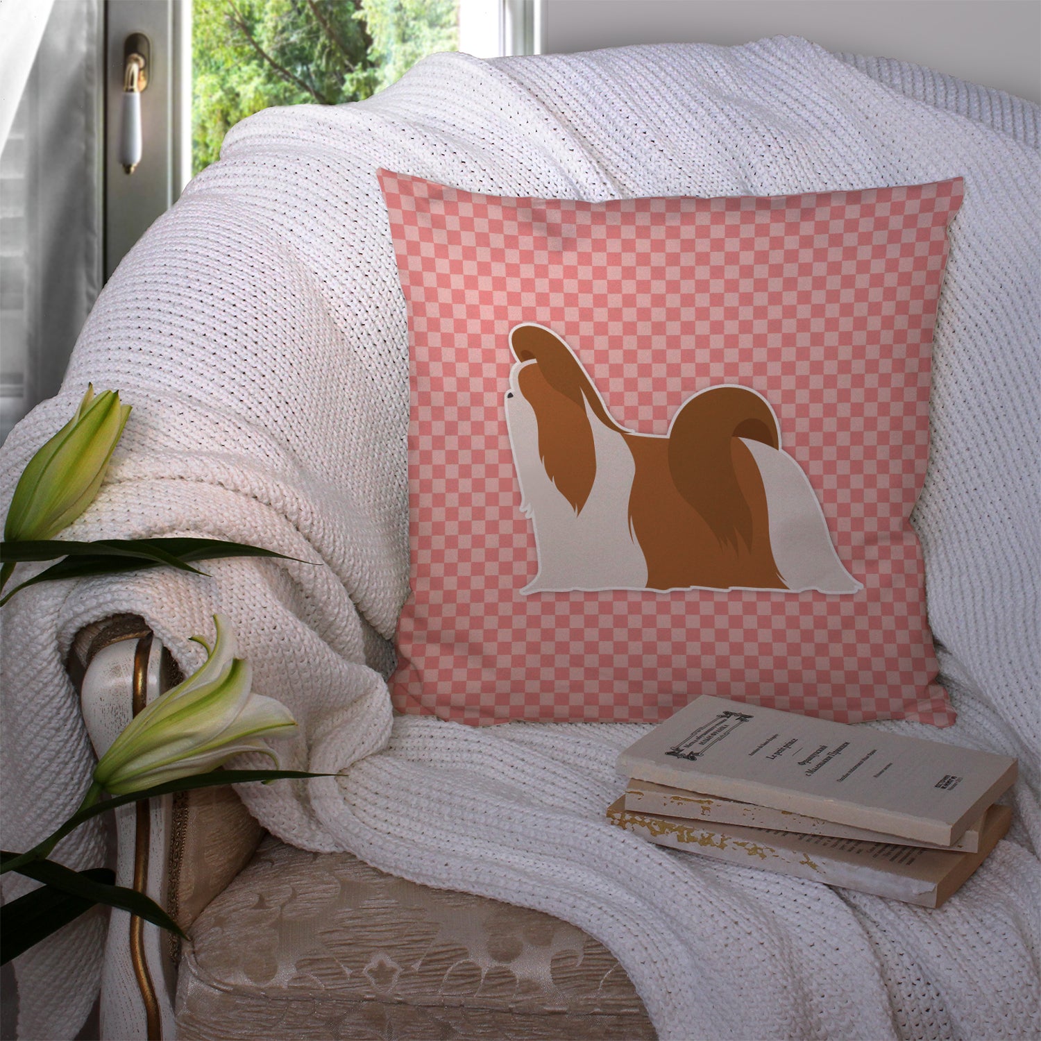 Shih Tzu Checkerboard Pink Fabric Decorative Pillow BB3646PW1414 - the-store.com