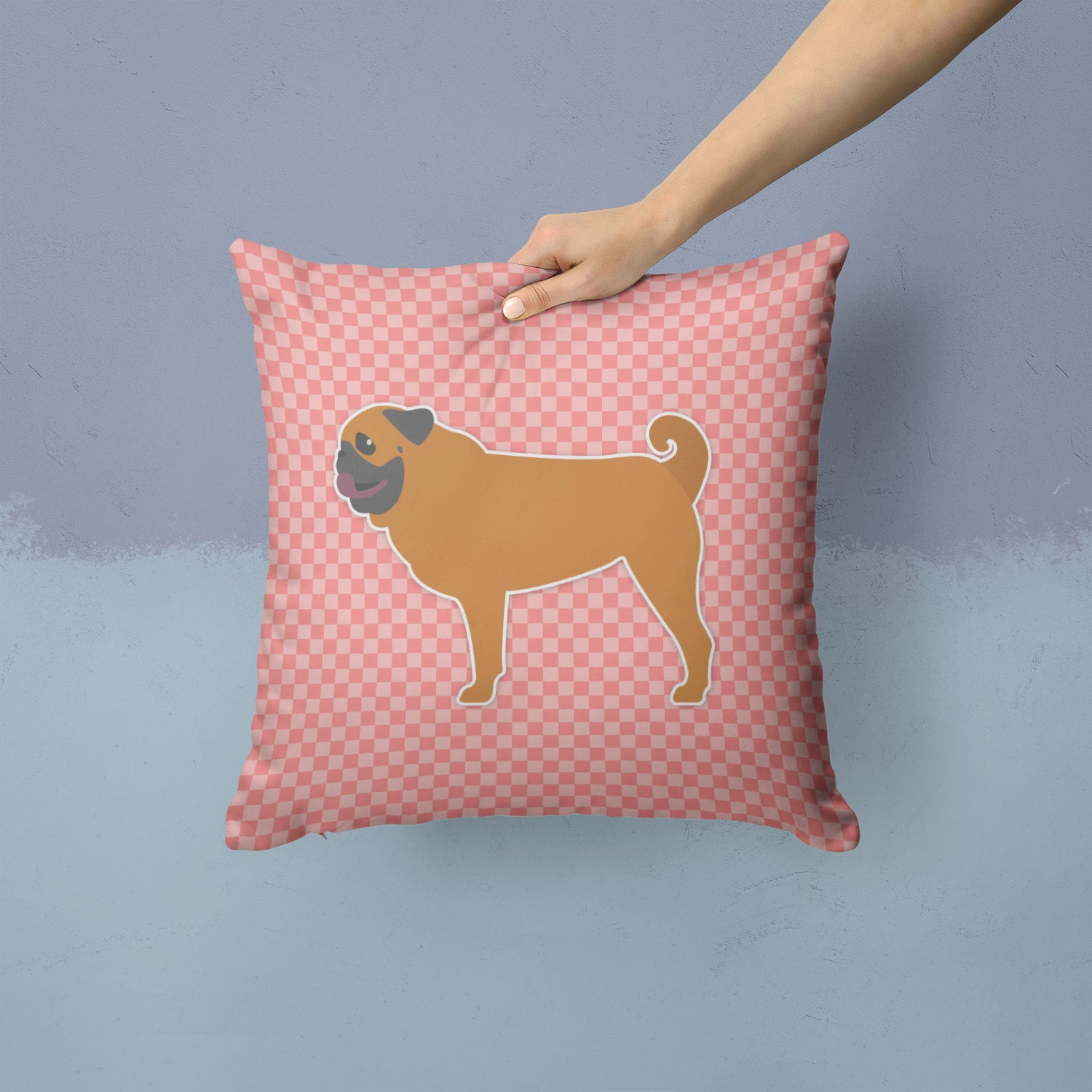 Pug Checkerboard Pink Fabric Decorative Pillow BB3647PW1414 - the-store.com