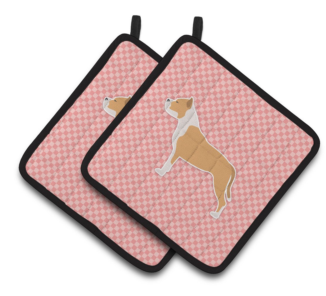 Staffordshire Bull Terrier Checkerboard Pink Pair of Pot Holders BB3654PTHD by Caroline&#39;s Treasures