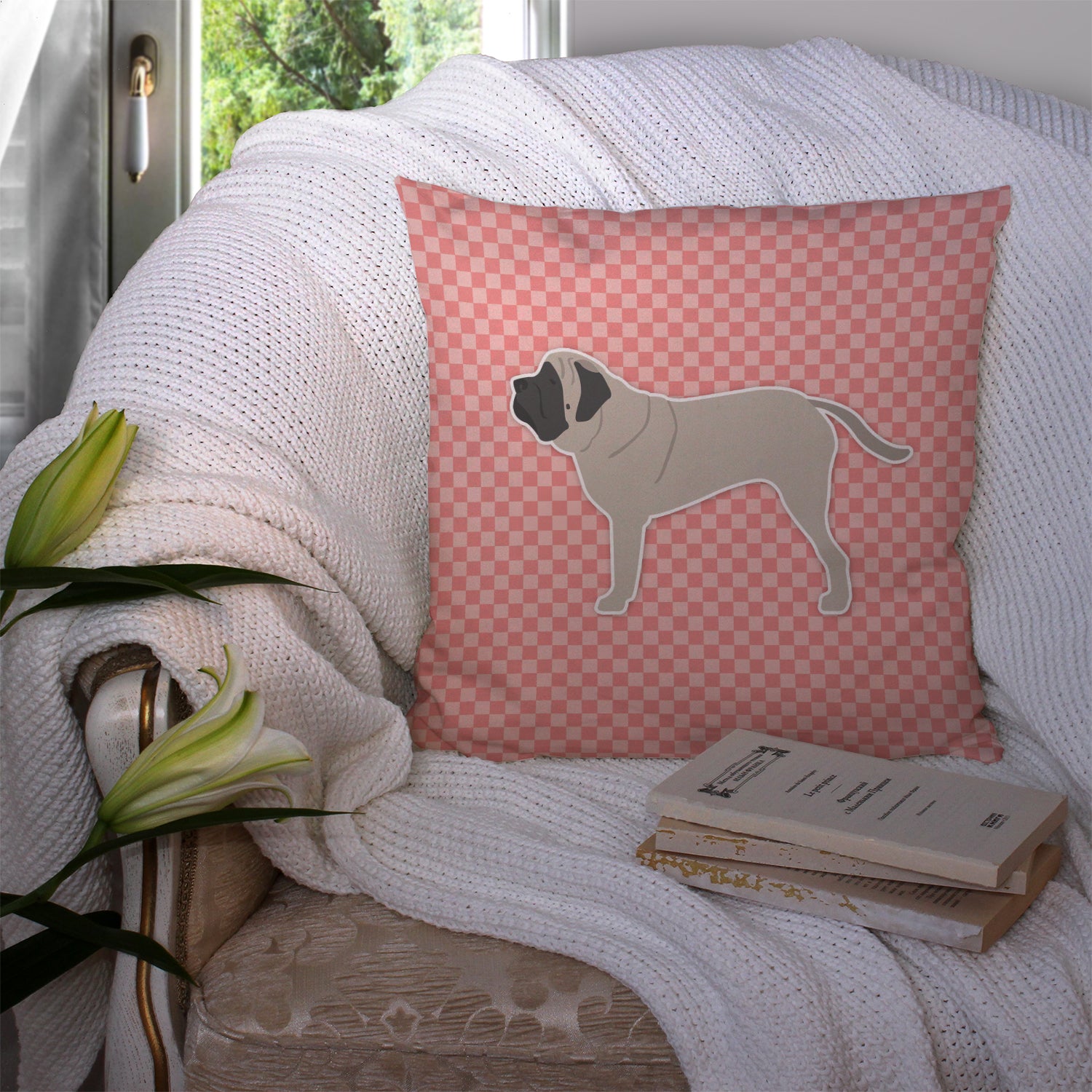 English Mastiff Checkerboard Pink Fabric Decorative Pillow BB3656PW1414 - the-store.com