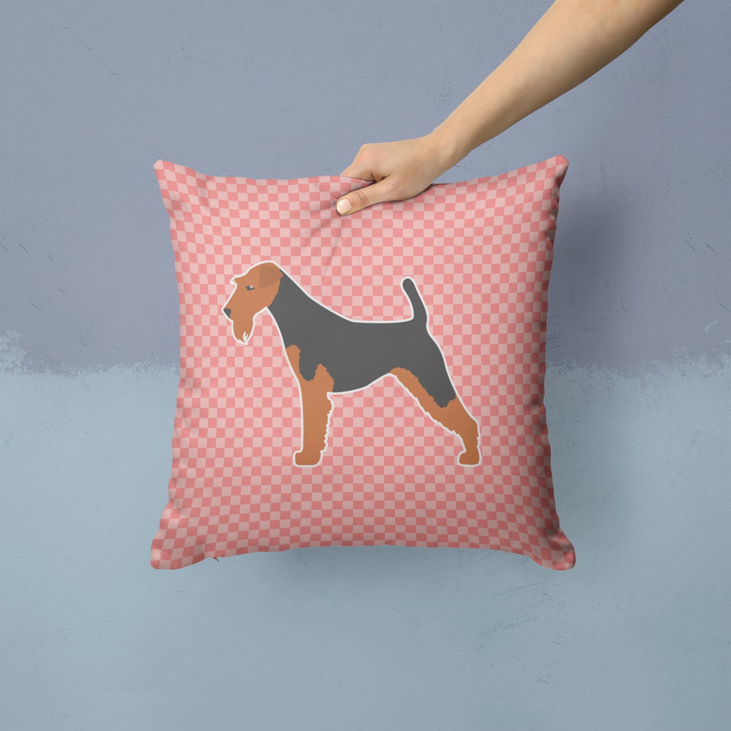 Airedale Terrier Checkerboard Pink Fabric Decorative Pillow BB3657PW1414 - the-store.com