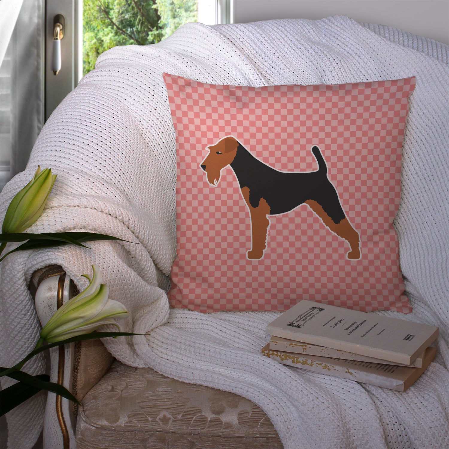 Airedale Terrier Checkerboard Pink Fabric Decorative Pillow BB3657PW1414 - the-store.com