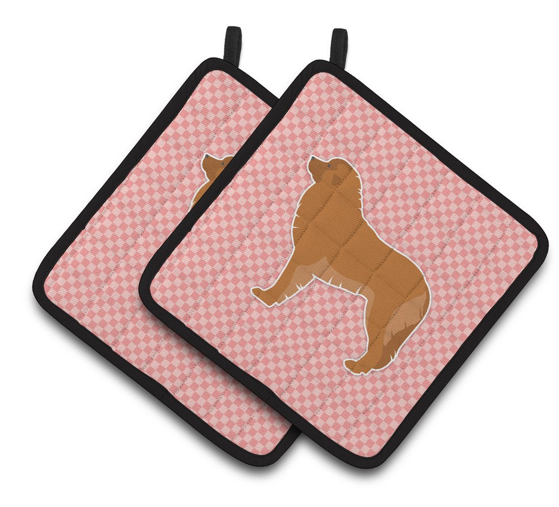 Leonberger Checkerboard Pink Pair of Pot Holders BB3658PTHD by Caroline&#39;s Treasures