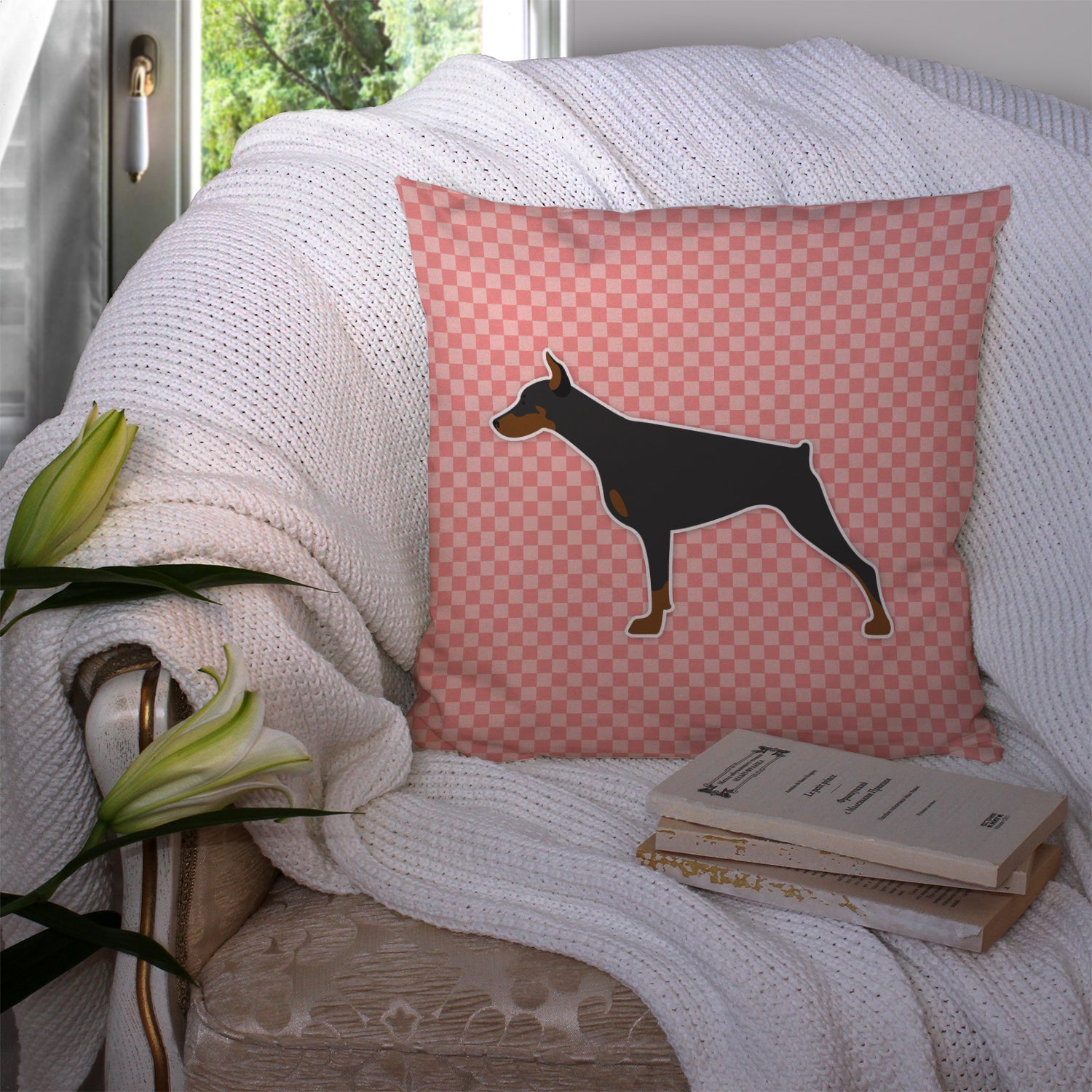 Doberman Pinscher Checkerboard Pink Fabric Decorative Pillow BB3660PW1414 - the-store.com