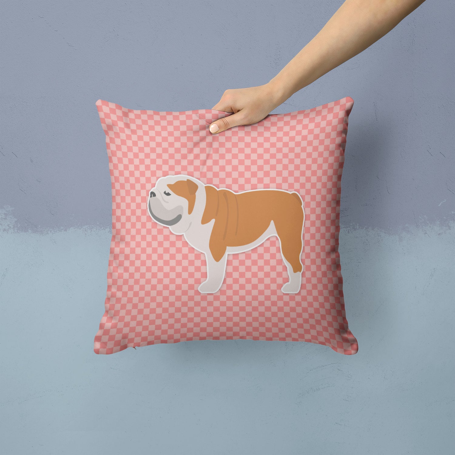 English Bulldog Checkerboard Pink Fabric Decorative Pillow BB3662PW1414 - the-store.com