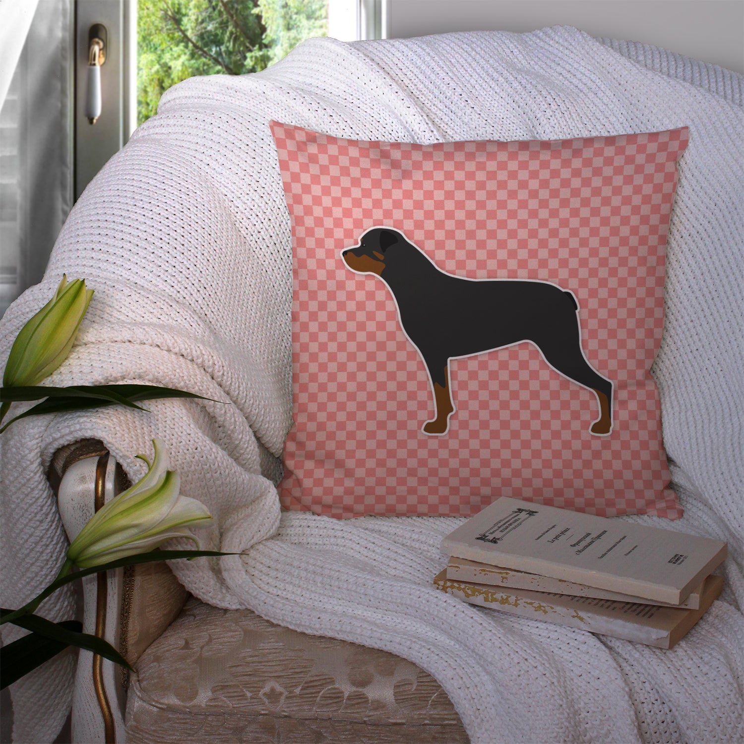 Rottweiler Checkerboard Pink Fabric Decorative Pillow BB3666PW1414 - the-store.com