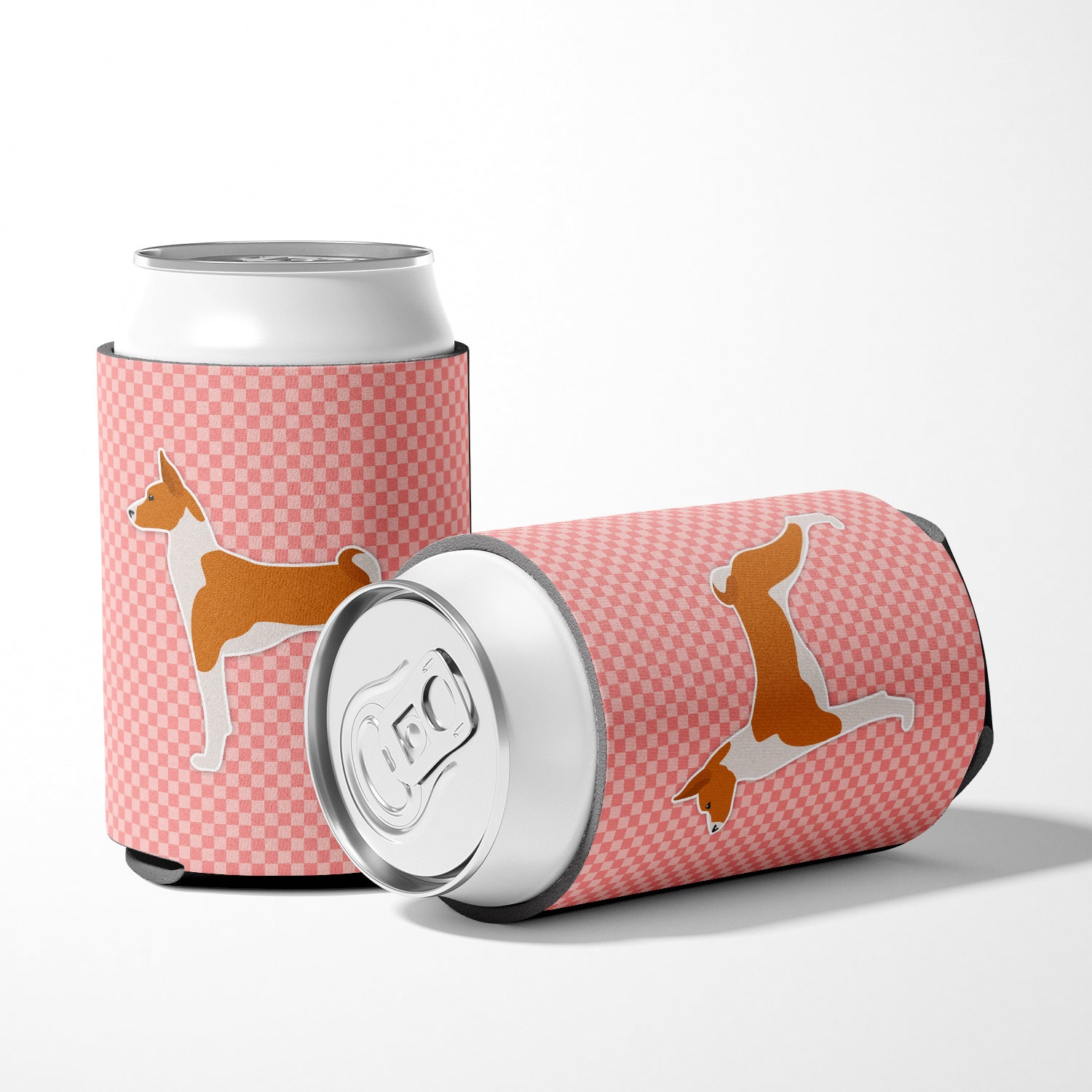 Basenji Checkerboard Pink Can or Bottle Hugger BB3674CC